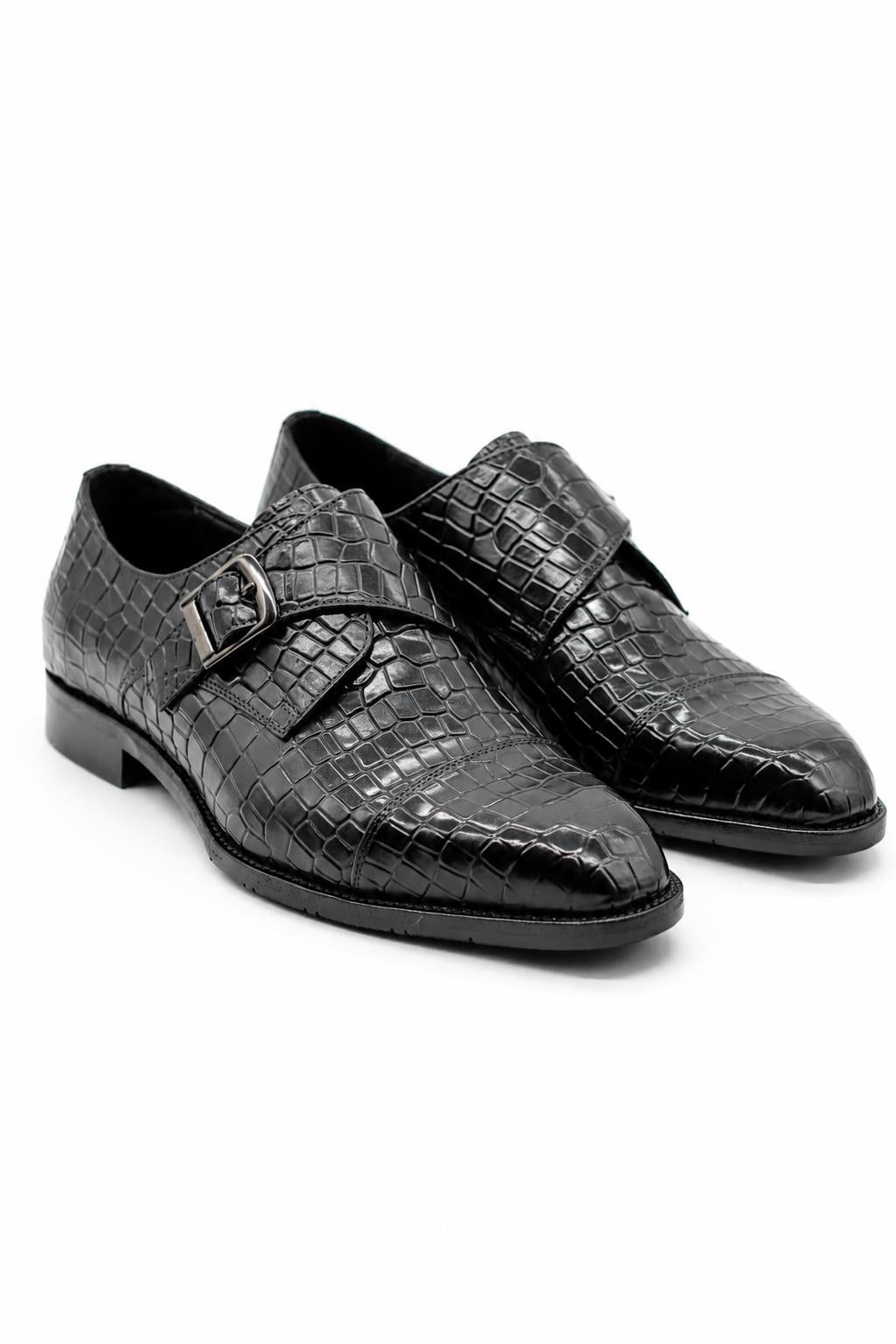ELAN Men's Black Croc Embossed Leather Single Monk Strap Shoes Sartorial Shoes