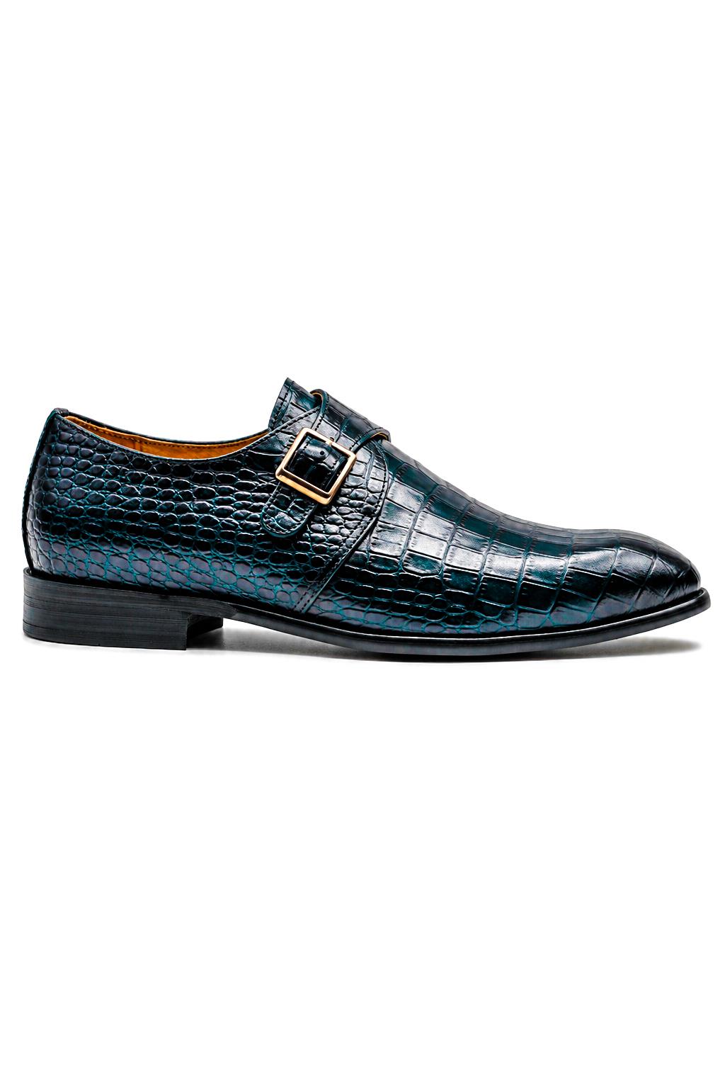 VALE Men’s Dark Blue Croc-Embossed Leather Monk Strap Shoes Sartorial Shoes