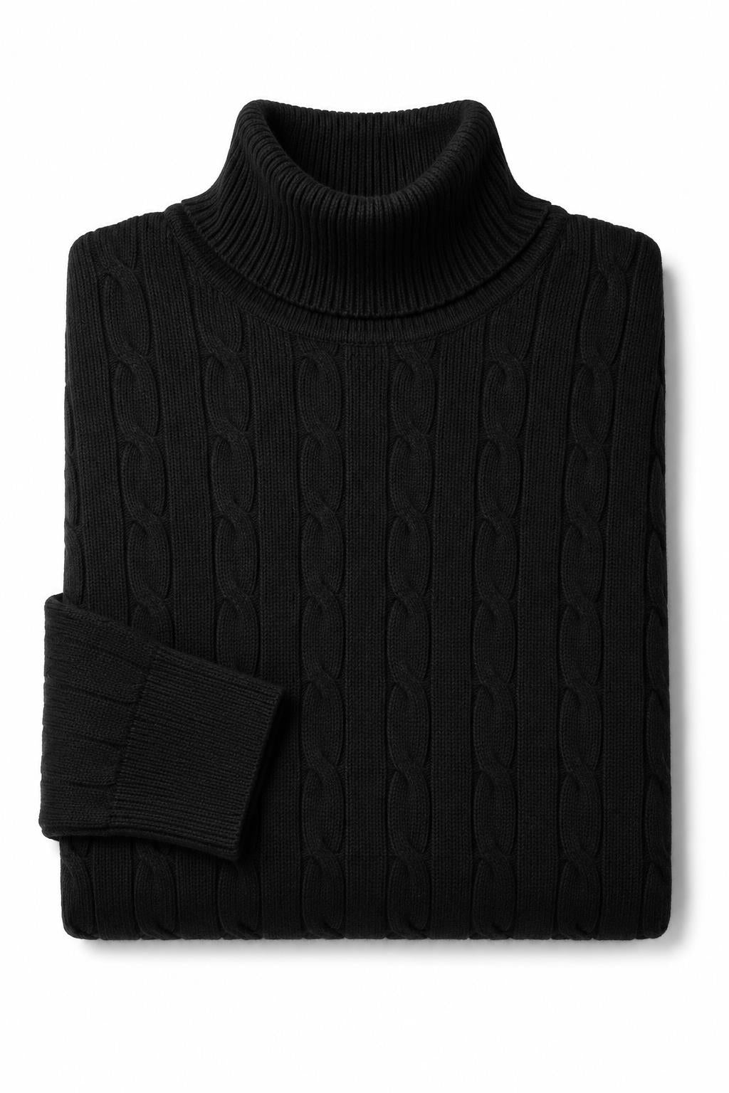 Men's Black 100% Cotton Fine Cable Knit Roll Neck Jumper CAVANI