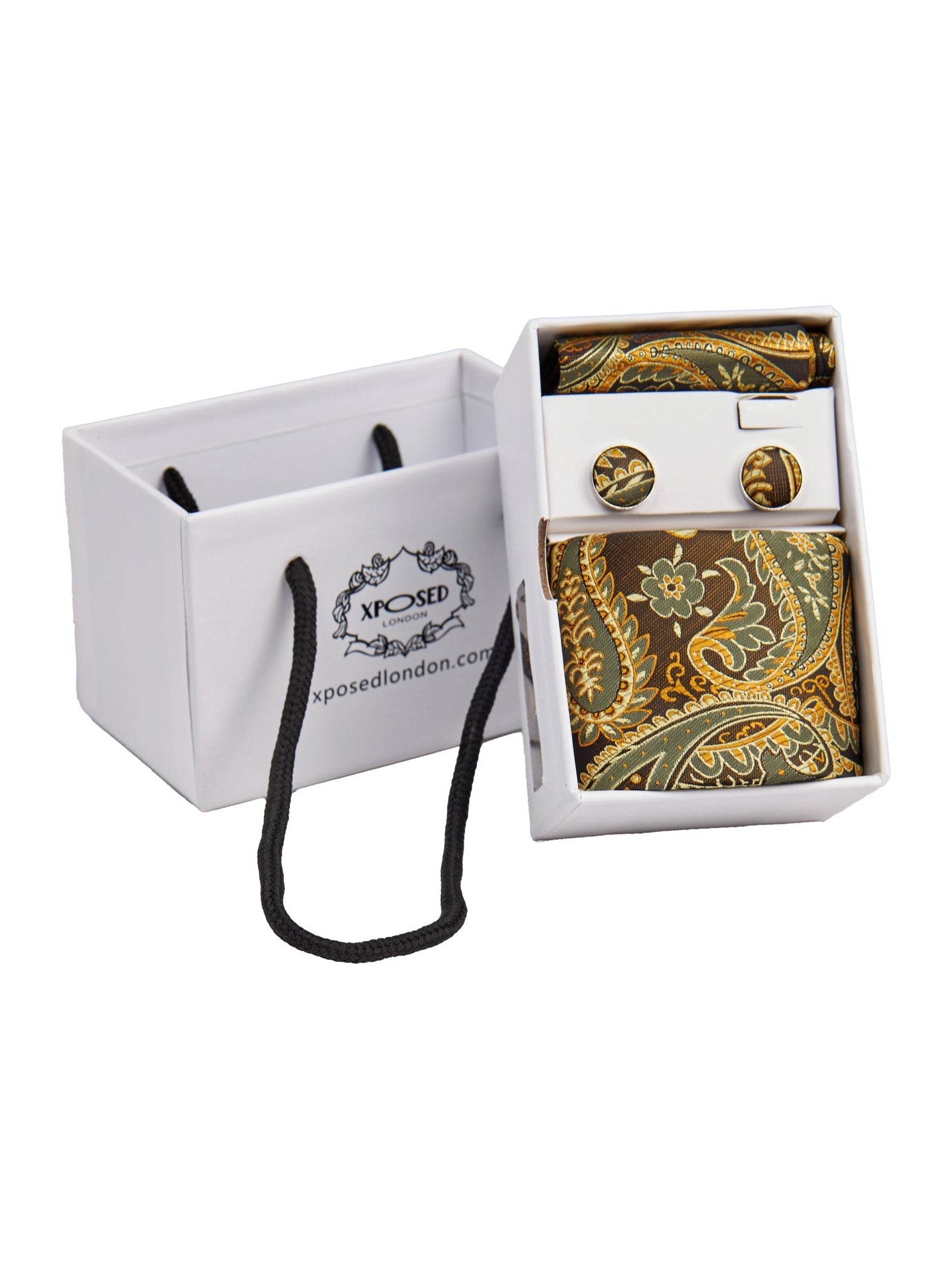 BROWN GOLD FLORAL PAISLEY NECK TIE SET