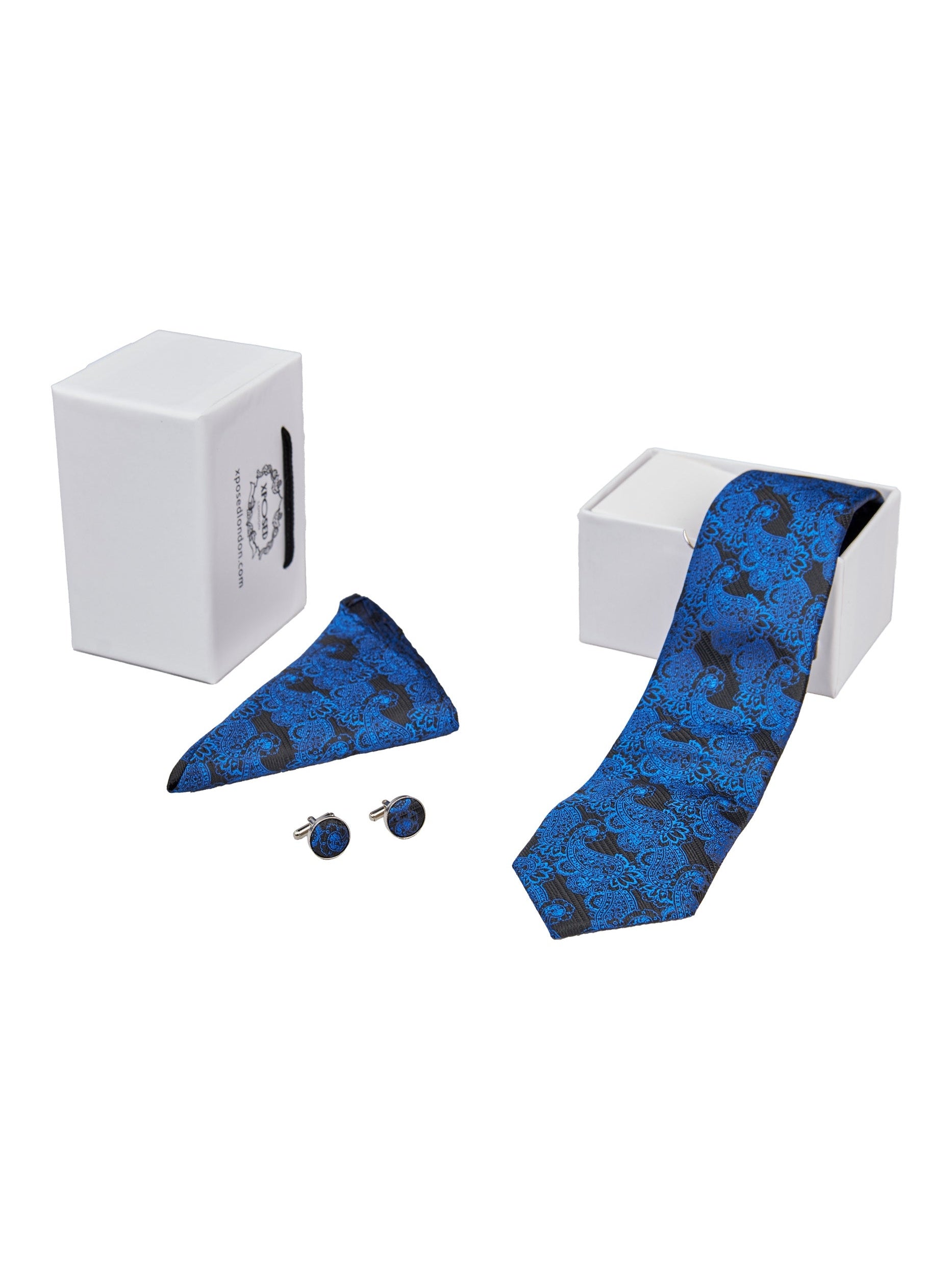 BLACK BLUE FLORAL PAISLEY NECK TIE SET