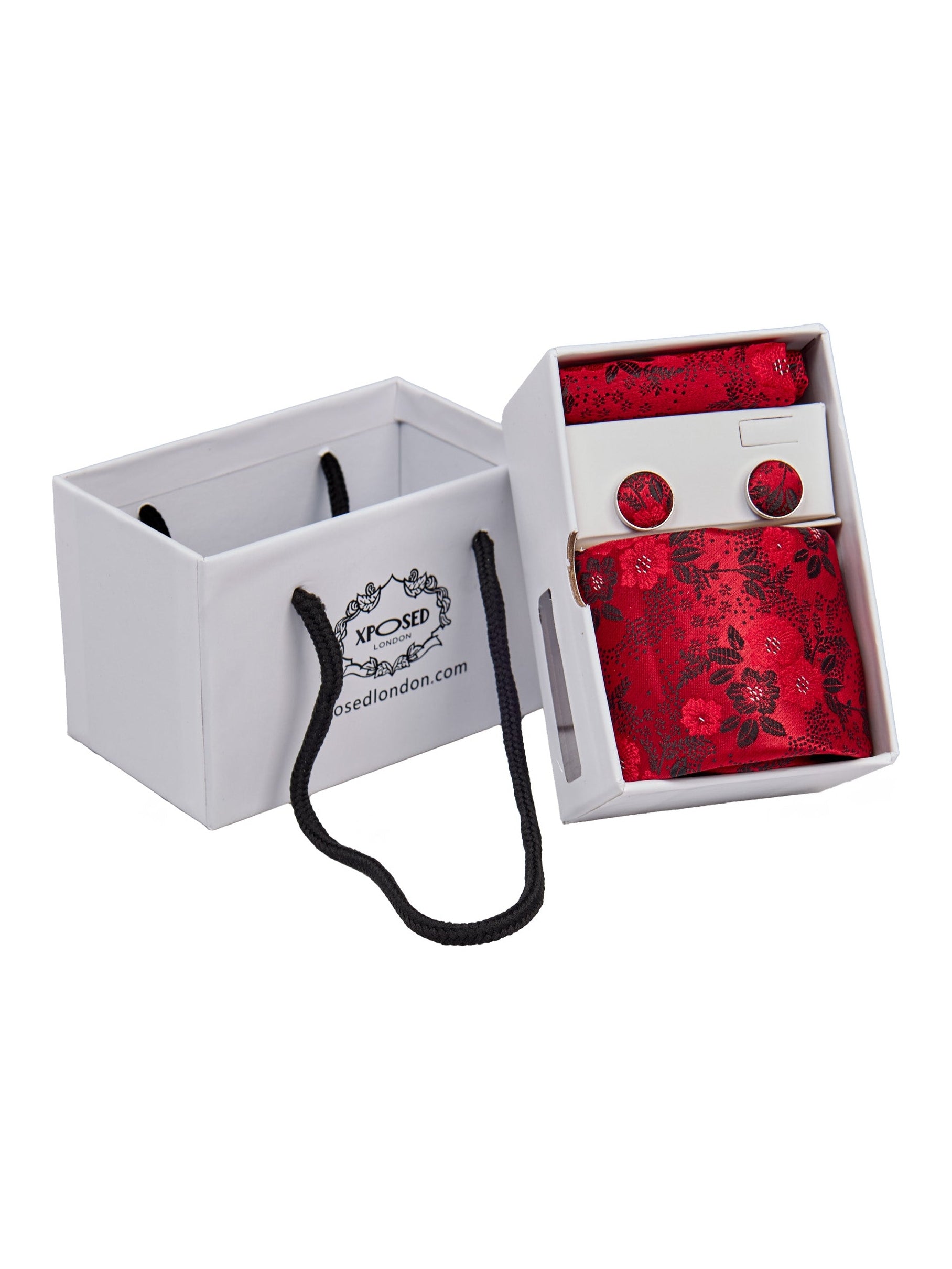 RED FLORAL FOLIAGE PRINT NECK TIE SET