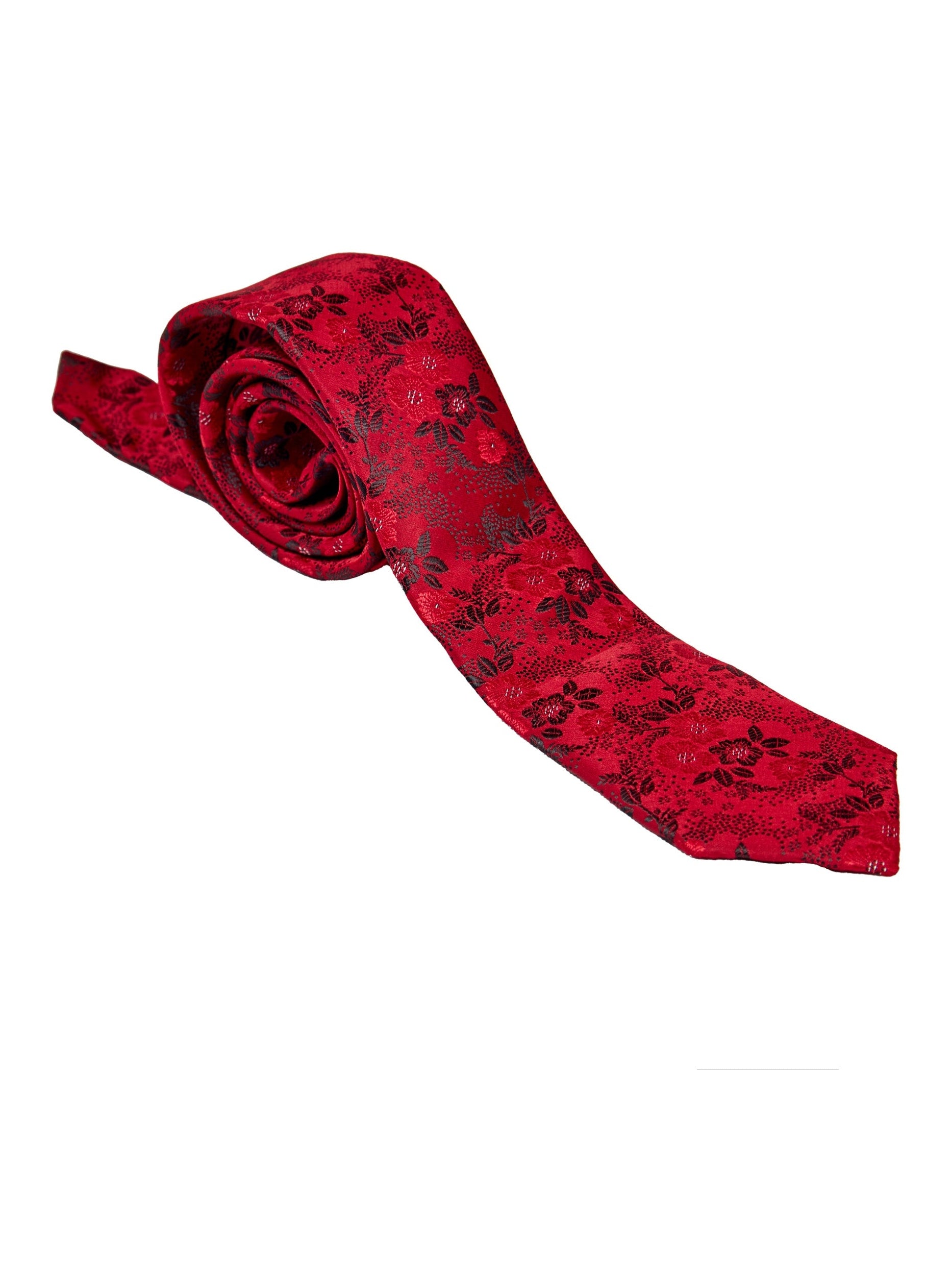 RED FLORAL FOLIAGE PRINT NECK TIE SET