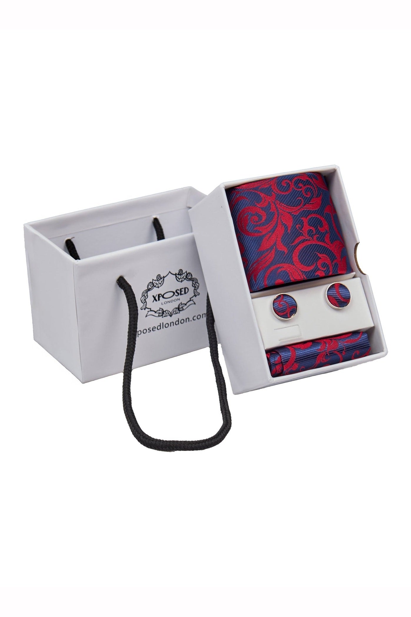 NAVY RED FLORAL PAISLEY NECK TIE SET