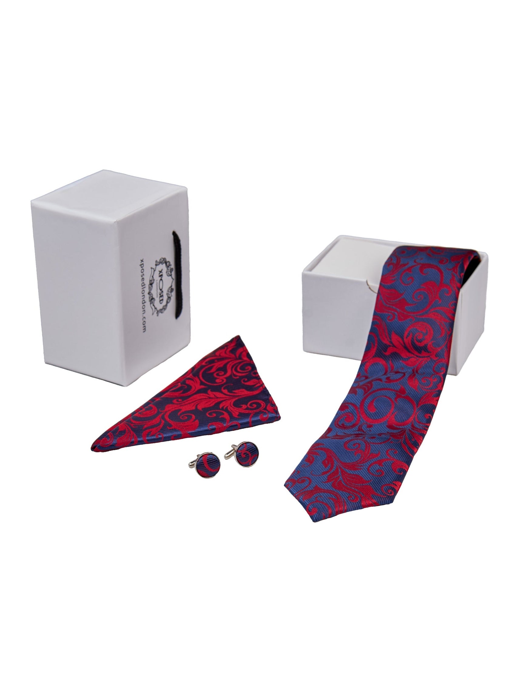 NAVY RED FLORAL PAISLEY NECK TIE SET