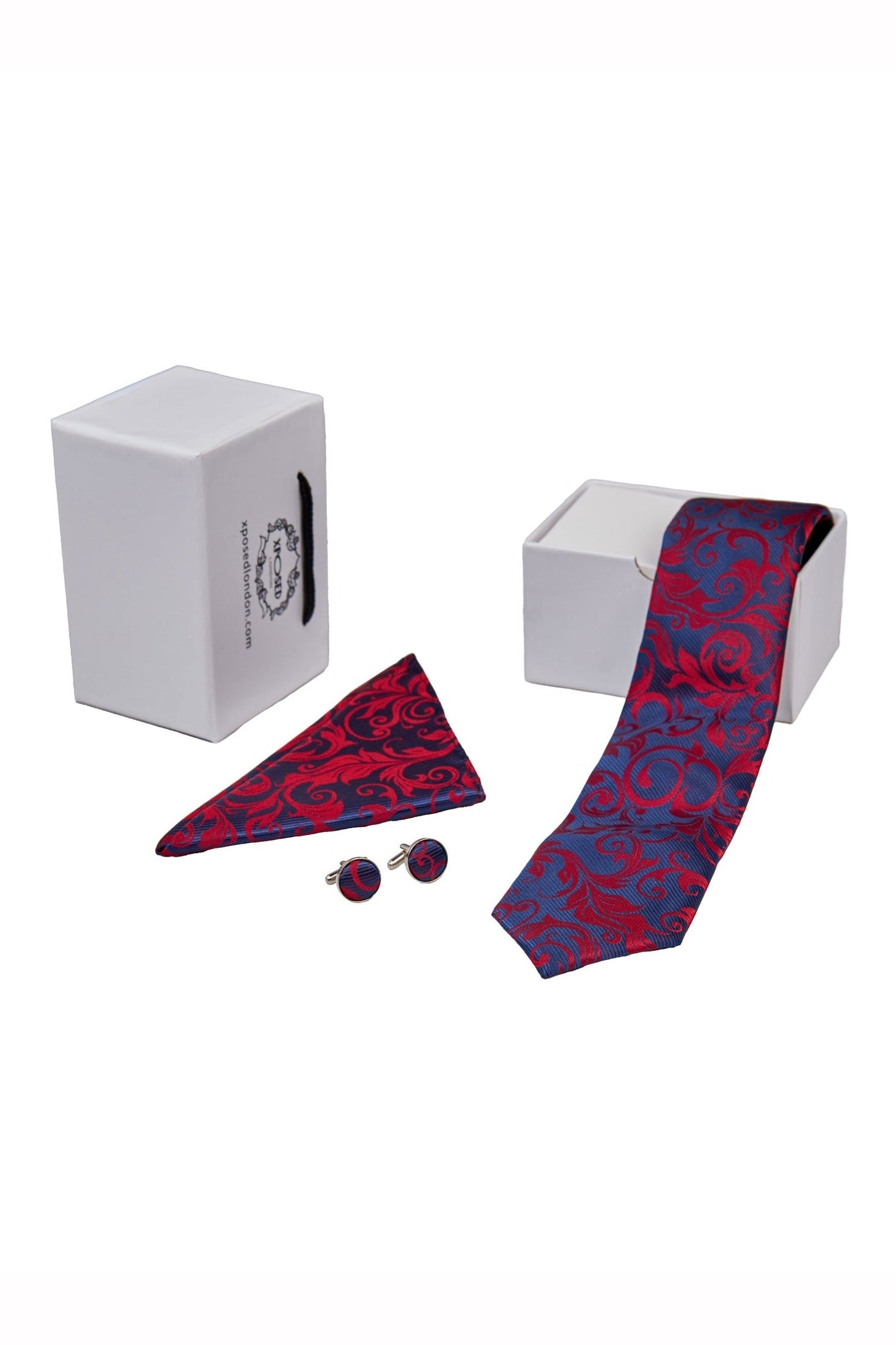 NAVY RED FLORAL PAISLEY NECK TIE SET
