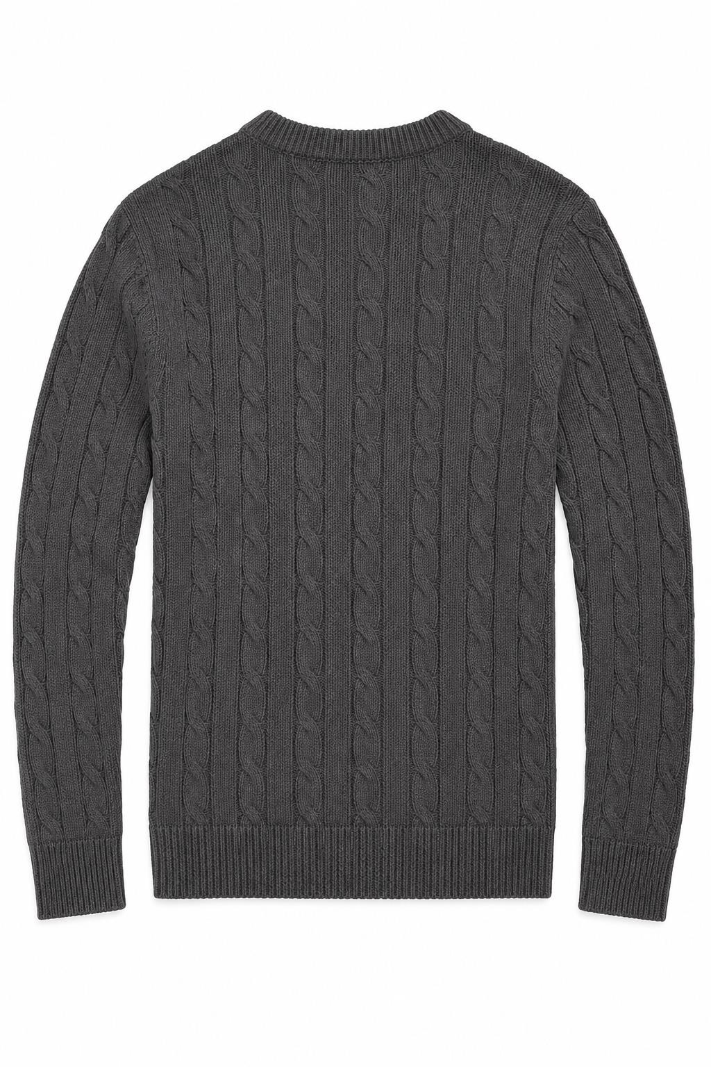 Men's Charcoal Grey 100% Cotton Fine Cable Knit Crew Neck Jumper CAVANI