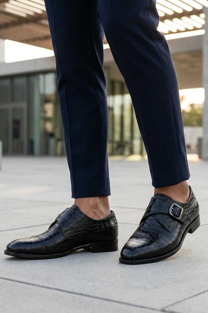 ELAN Men's Black Croc Embossed Leather Single Monk Strap Shoes Sartorial Shoes