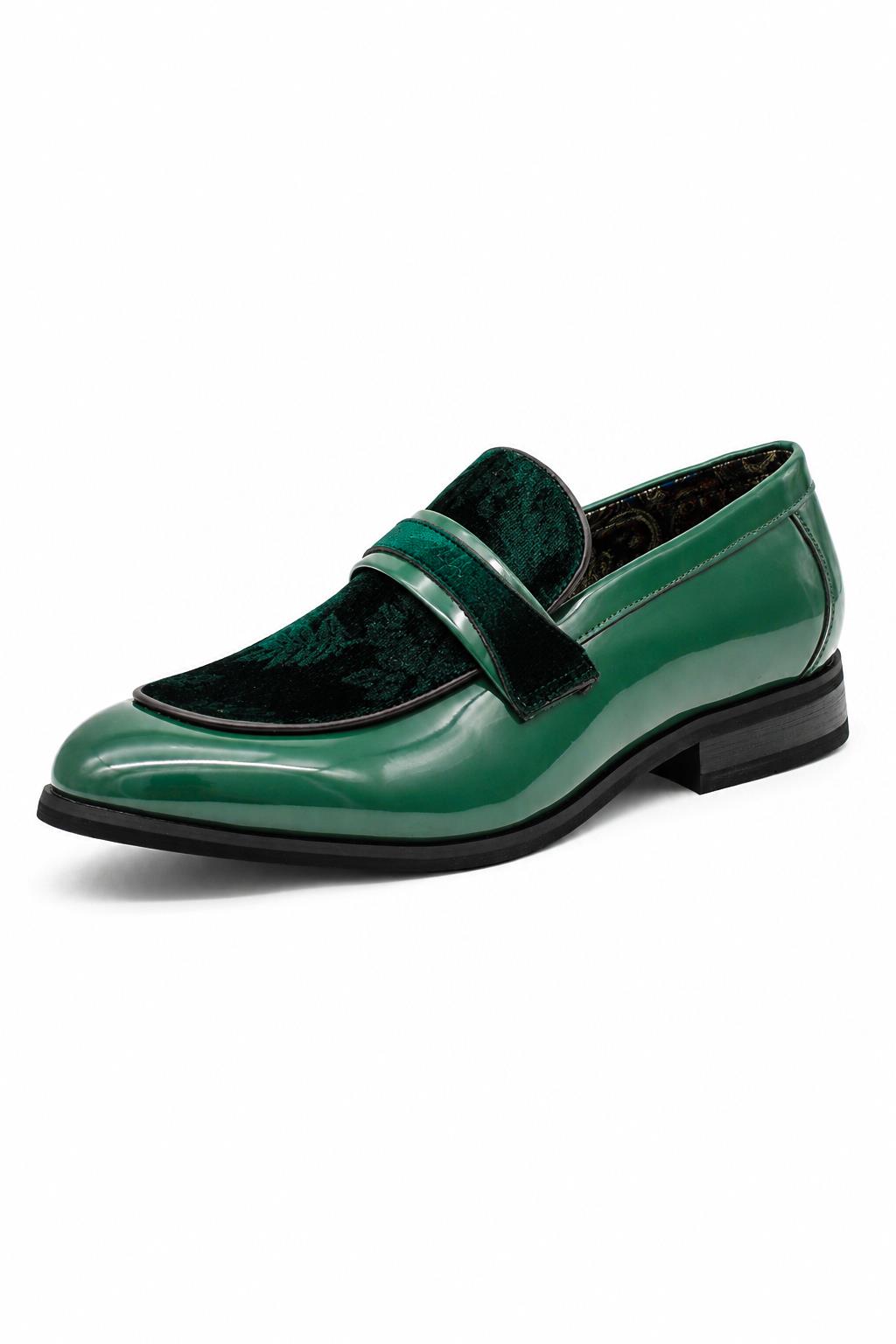Men's Green Floral Velvet Patent Dress Loafers Sartorial Shoes