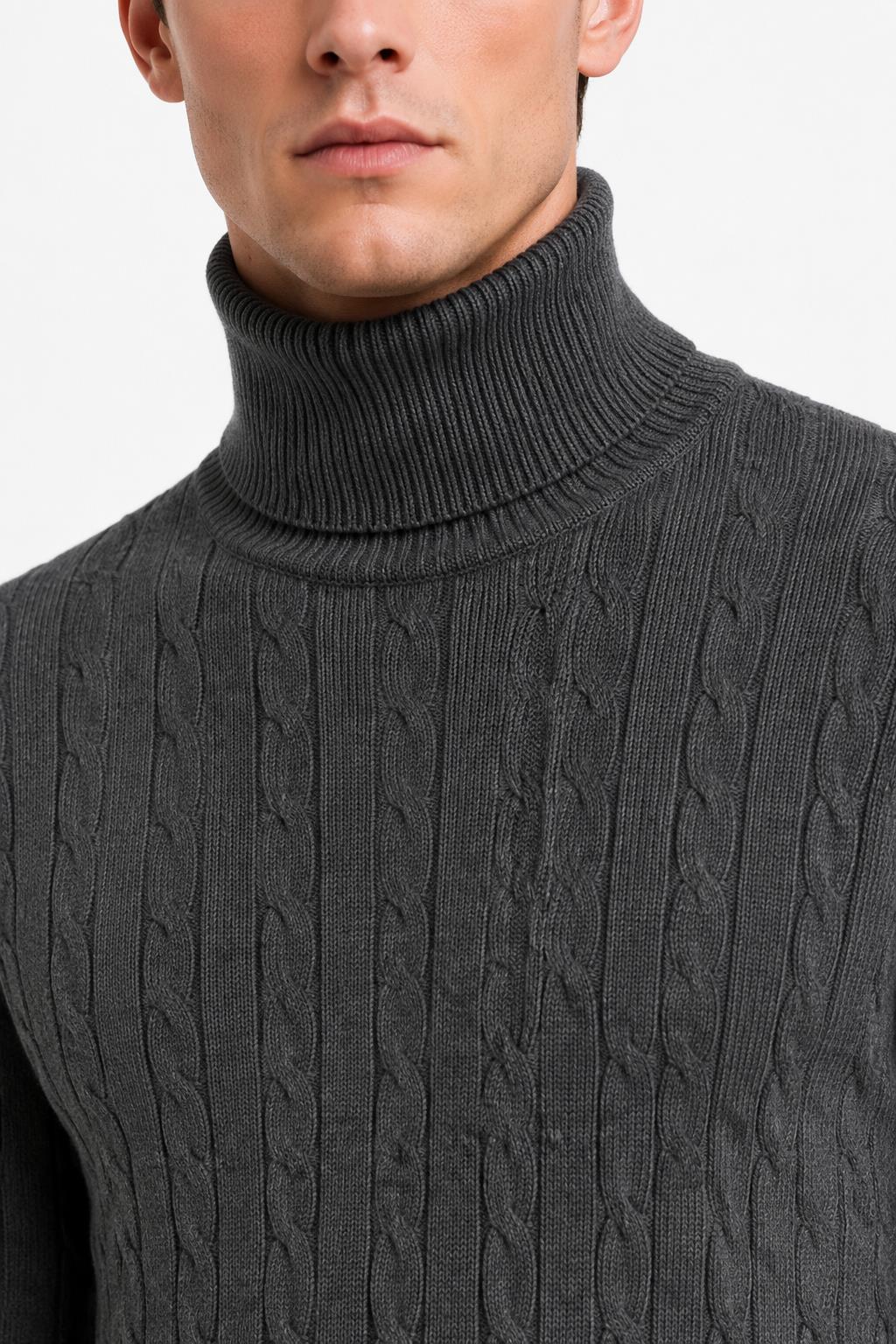 Men's Charcoal Grey 100% Cotton Fine Cable Knit Roll Neck Jumper CAVANI