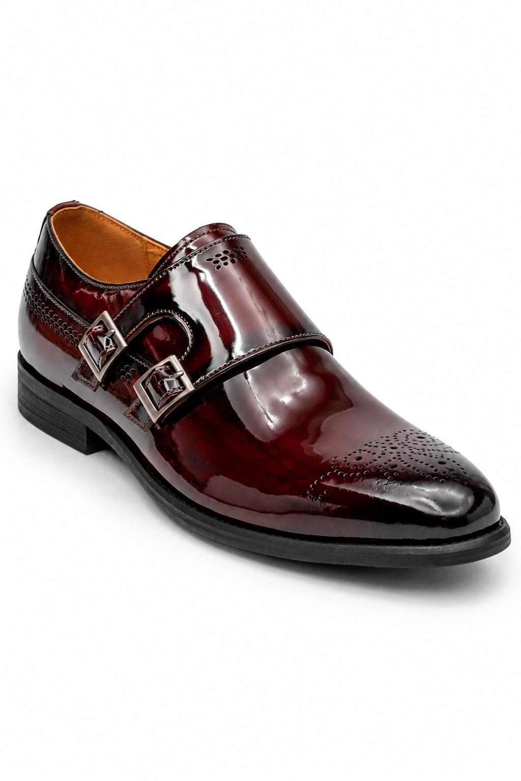 ROAN Men’s Maroon Glossy Patent Leather Monk Strap Dress Shoes Sartorial Shoes