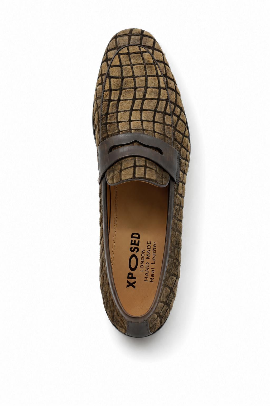 GINO Men’s Brown Patterned Horse Hair Leather Penny Loafers Sartorial Shoes