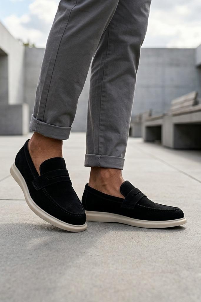 Men’s Milo Black Suede Leather Penny Loafers Sartorial Shoes