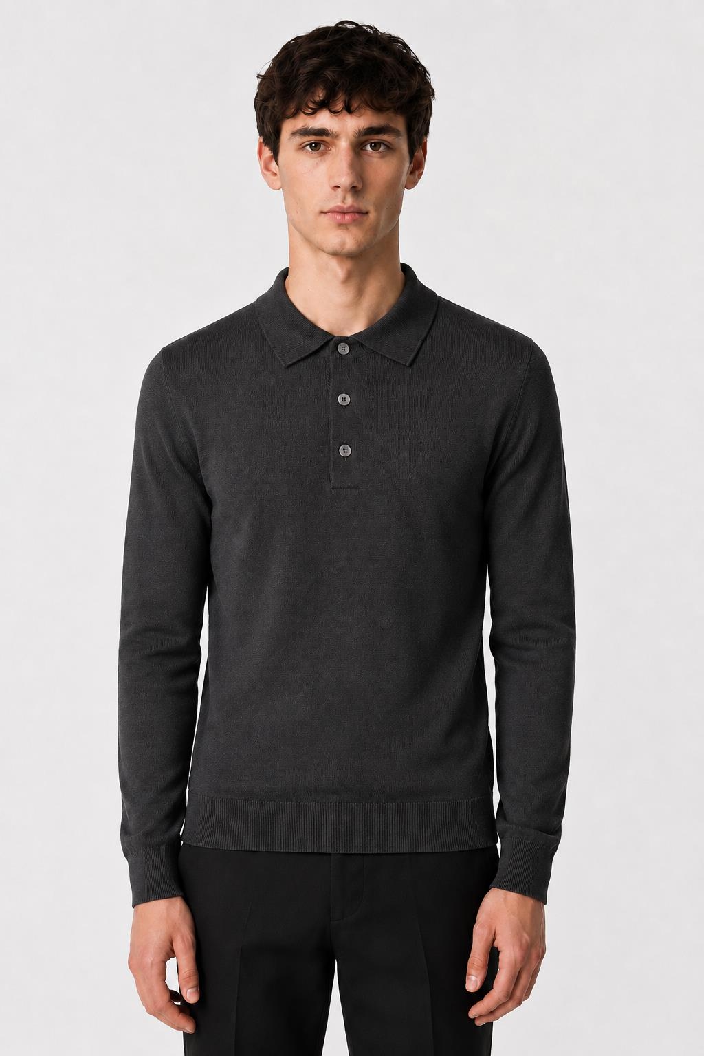Men's Grey 100% Cotton Fine Knit Button Neck Polo Jumper CAVANI