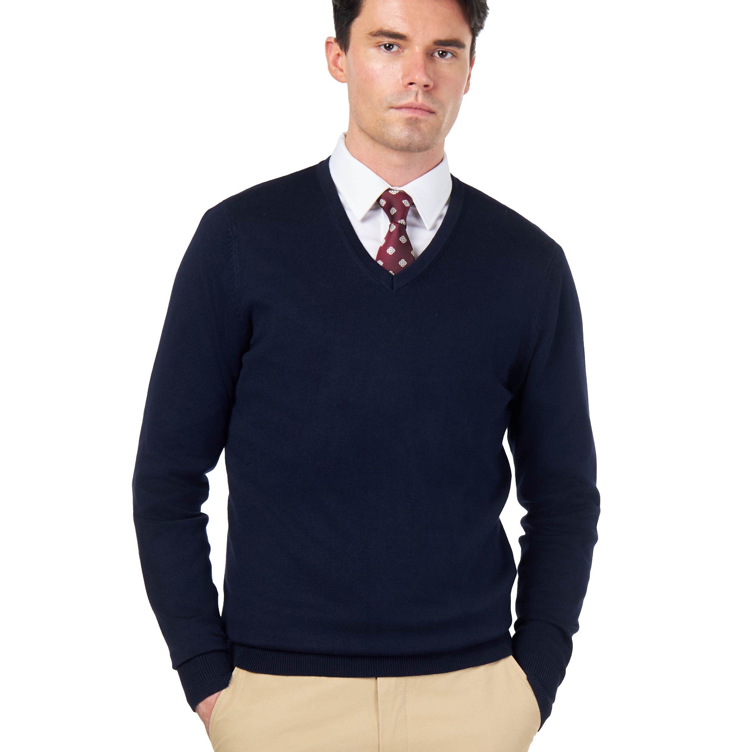 MEN’S COTTON V-NECK NAVY JUMPER FINE KNIT LIGHTWEIGHT