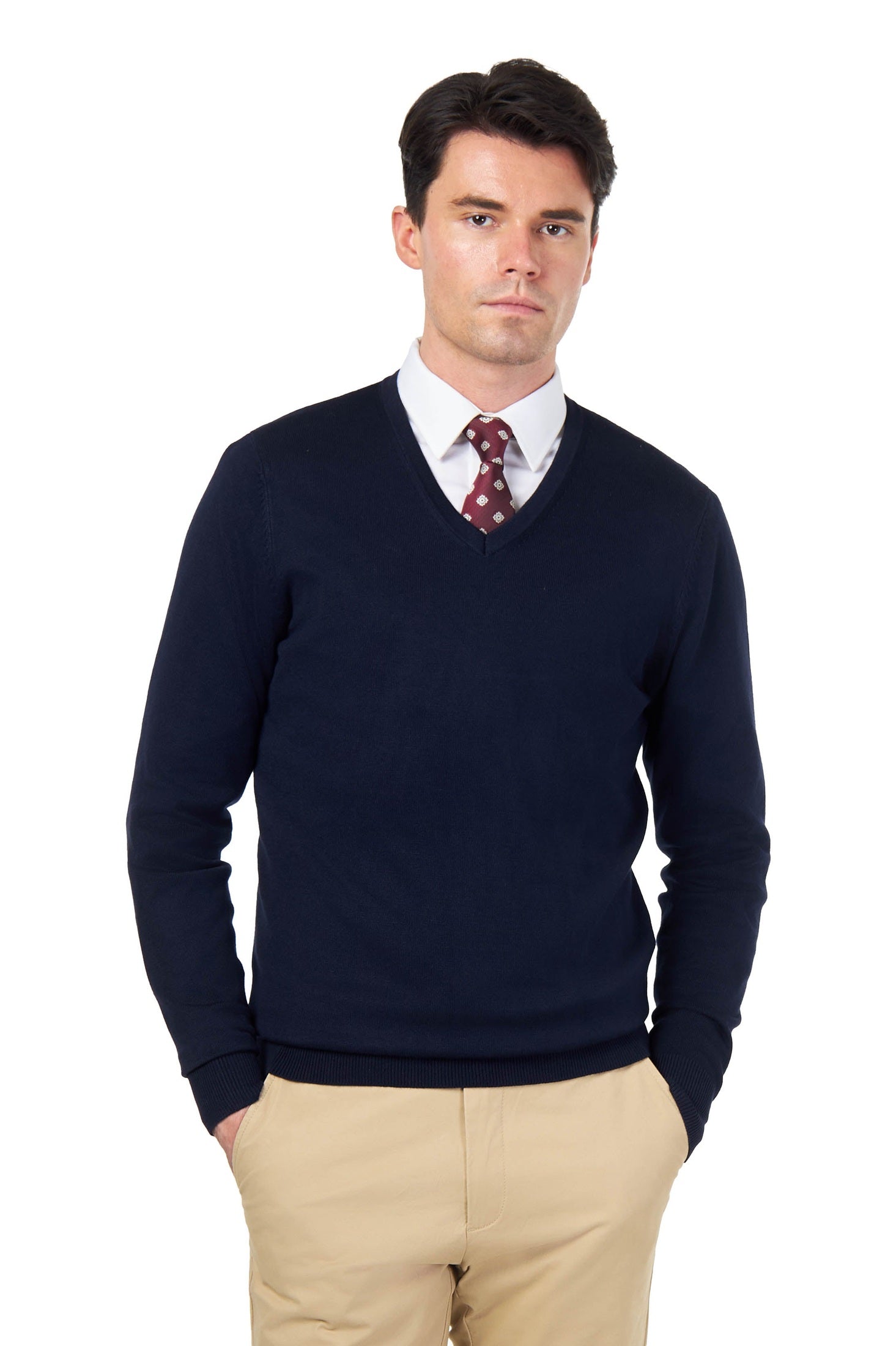 MEN’S COTTON V-NECK NAVY JUMPER FINE KNIT LIGHTWEIGHT