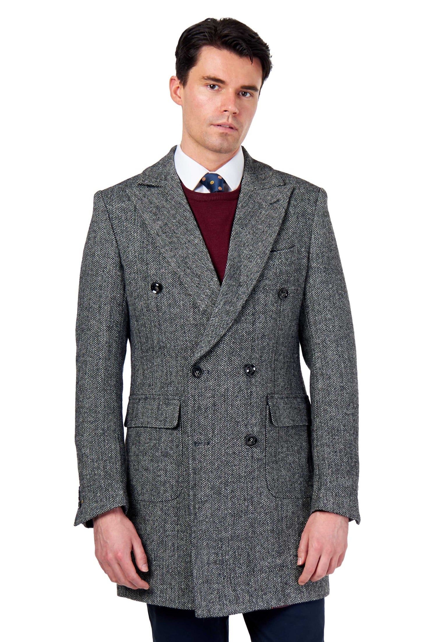 KEPLER – Grey Double Breasted Wool Rich Herringbone Coat