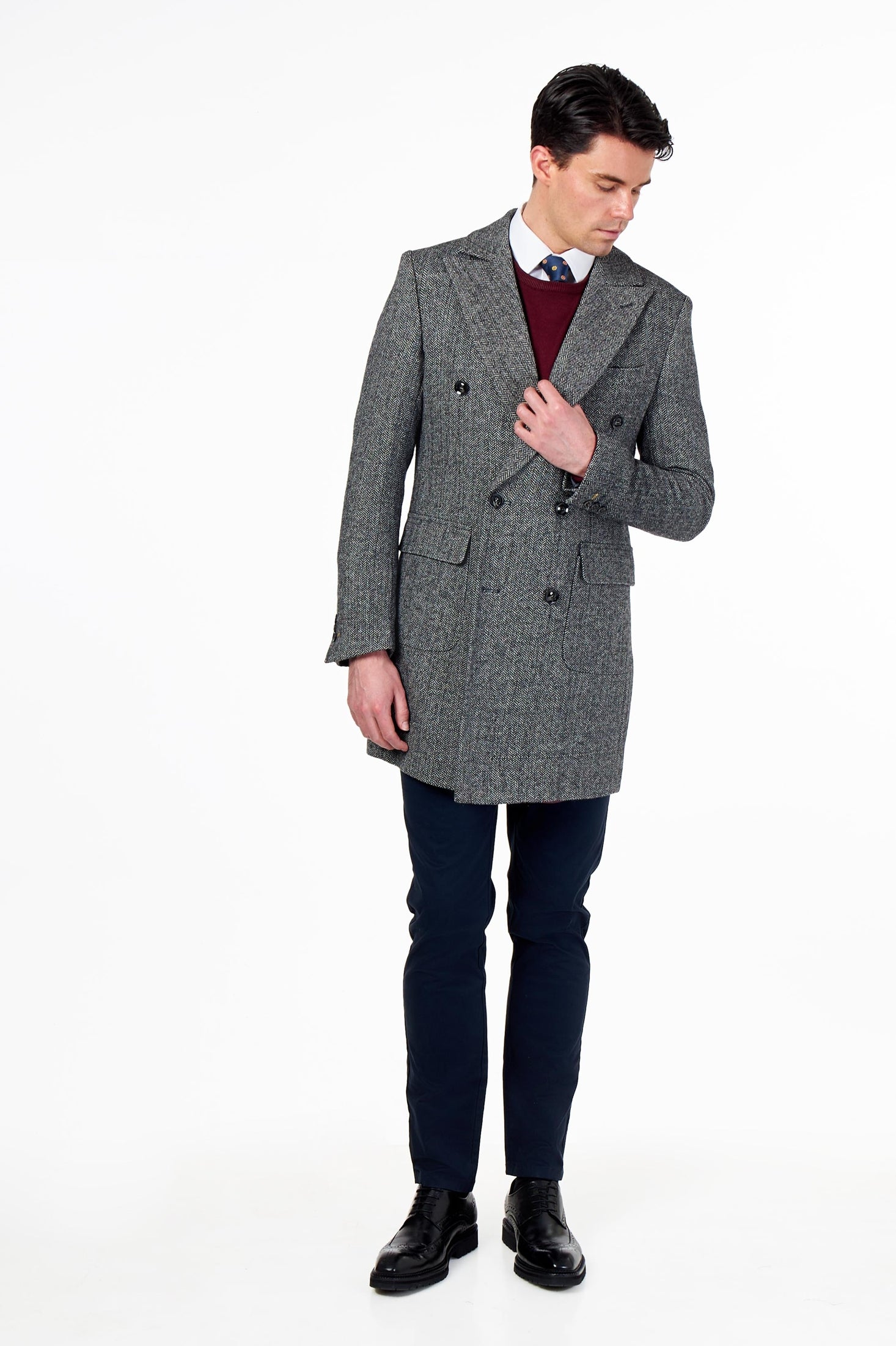 KEPLER – Grey Double Breasted Wool Rich Herringbone Coat