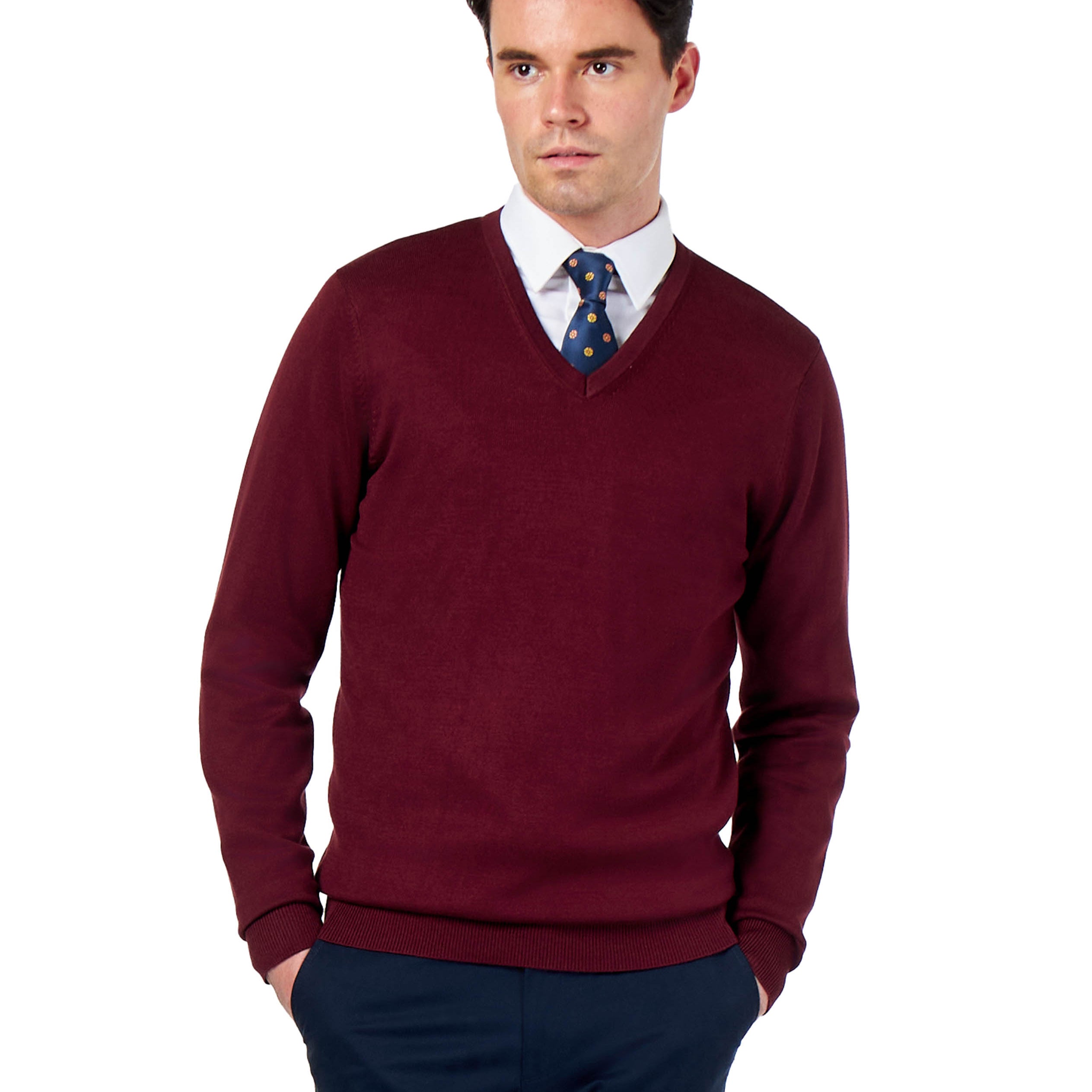 MEN’S COTTON V-NECK MAROON FINE KNIT LIGHTWEIGHT