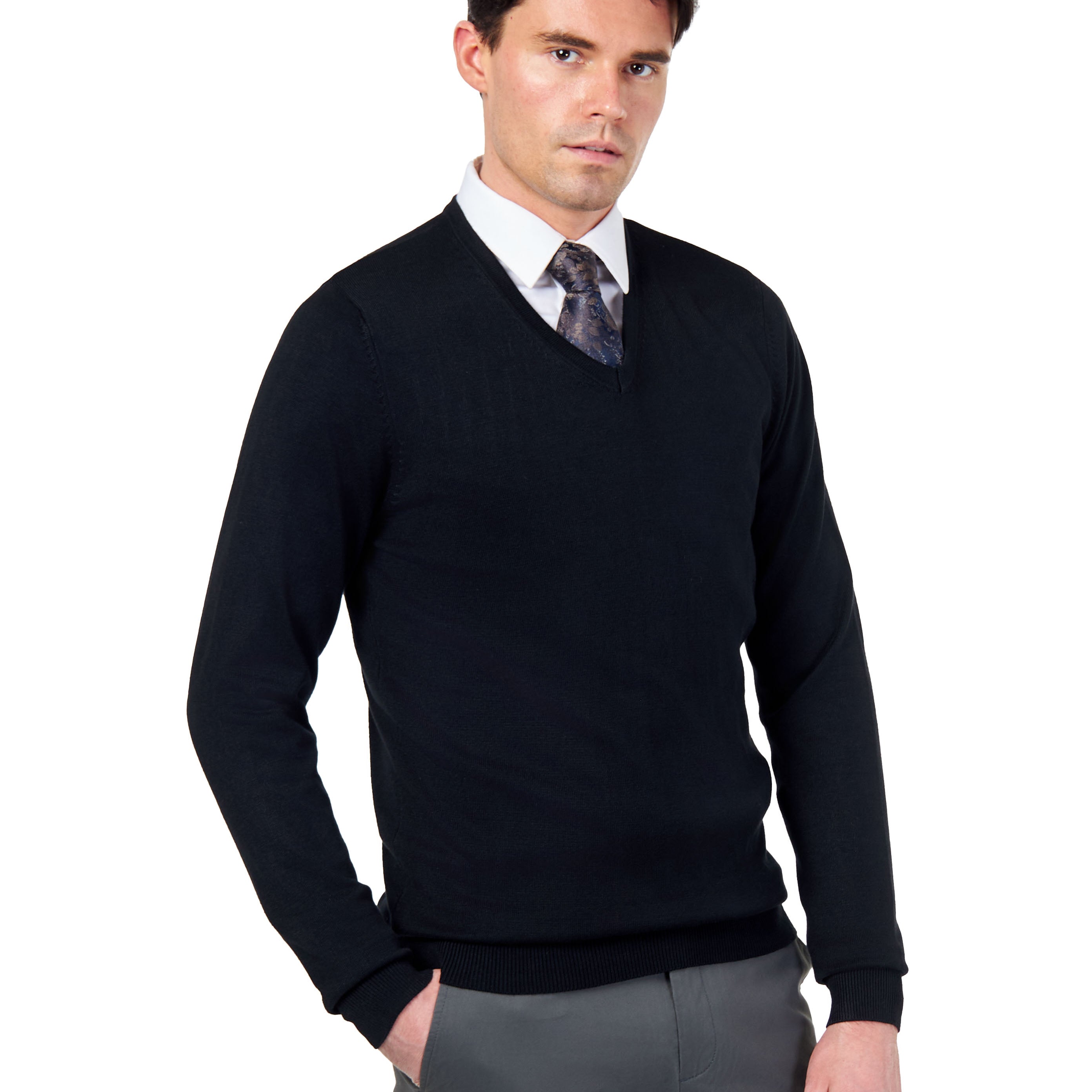 MEN’S COTTON V-NECK BLACK JUMPER FINE KNIT LIGHTWEIGHT