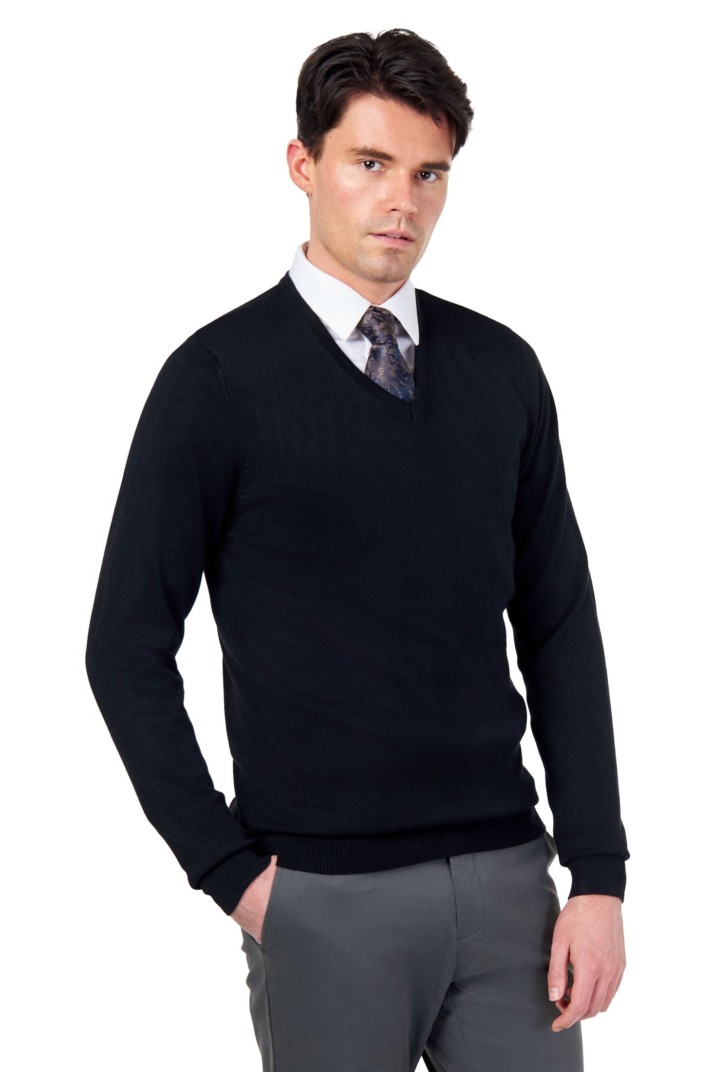 MEN’S COTTON V-NECK BLACK JUMPER FINE KNIT LIGHTWEIGHT