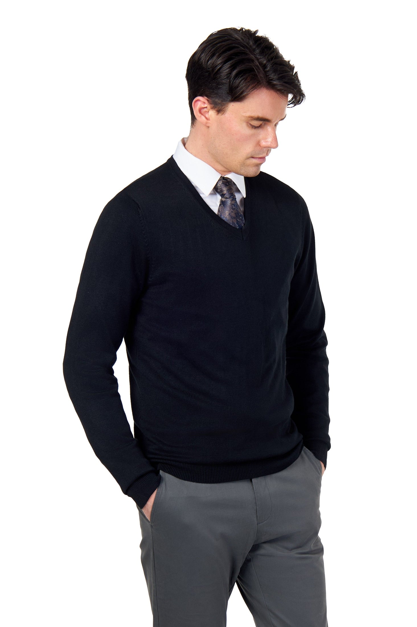 MEN’S COTTON V-NECK BLACK JUMPER FINE KNIT LIGHTWEIGHT