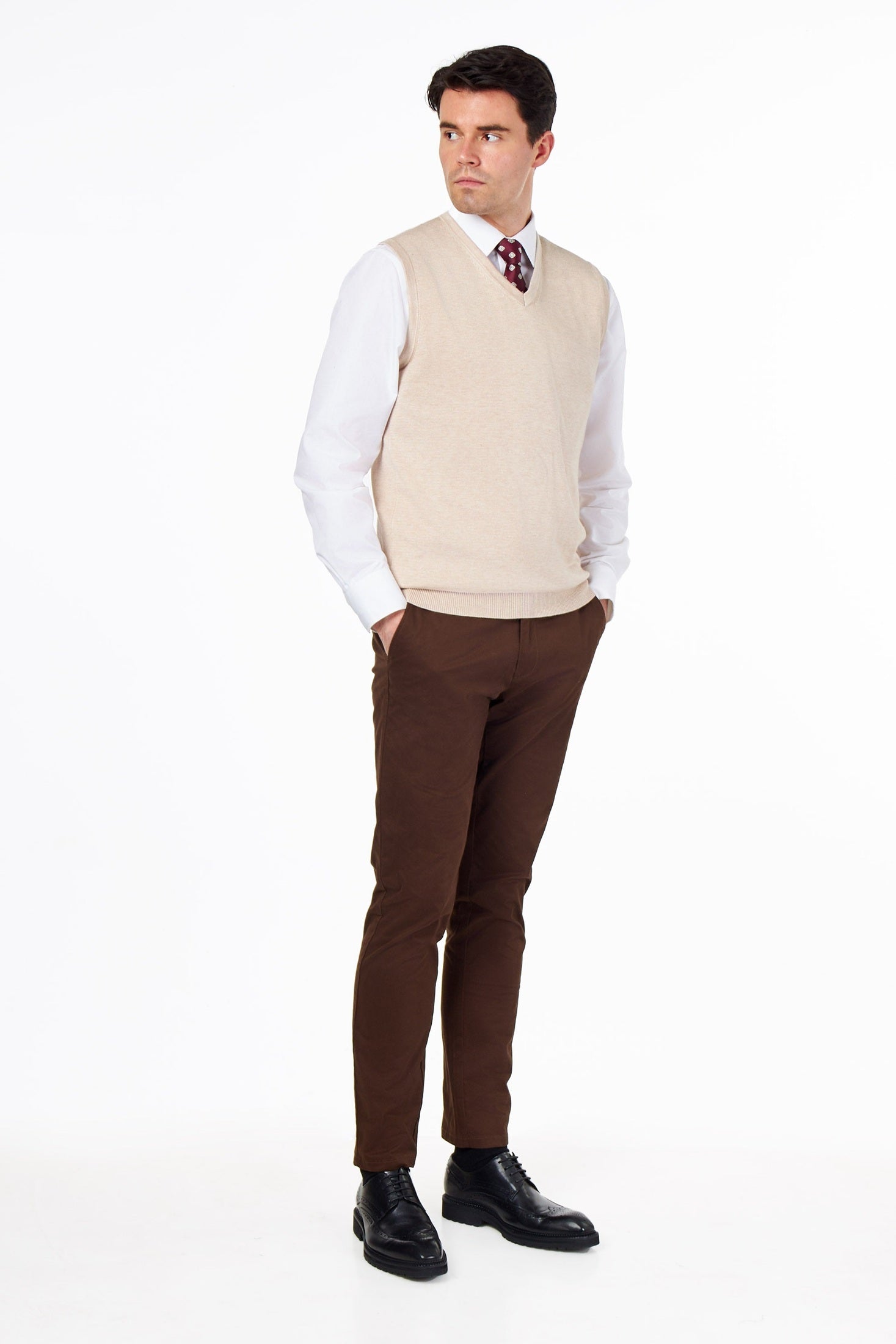 KNITTED COTTON CREAM SLEEVELESS JUMPER V-NECK VEST CAVANI