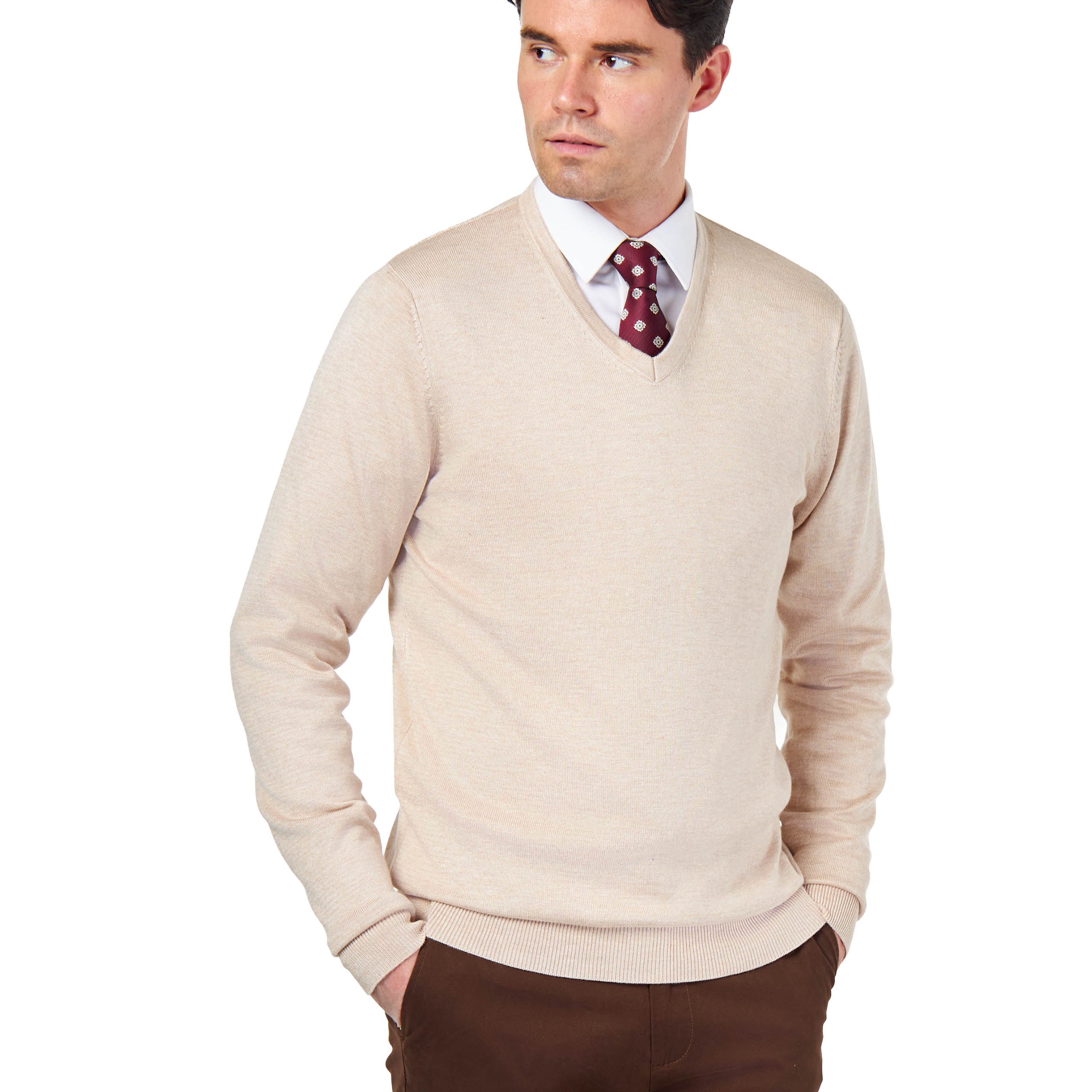 MEN’S COTTON V-NECK CREAM FINE KNIT LIGHTWEIGHT