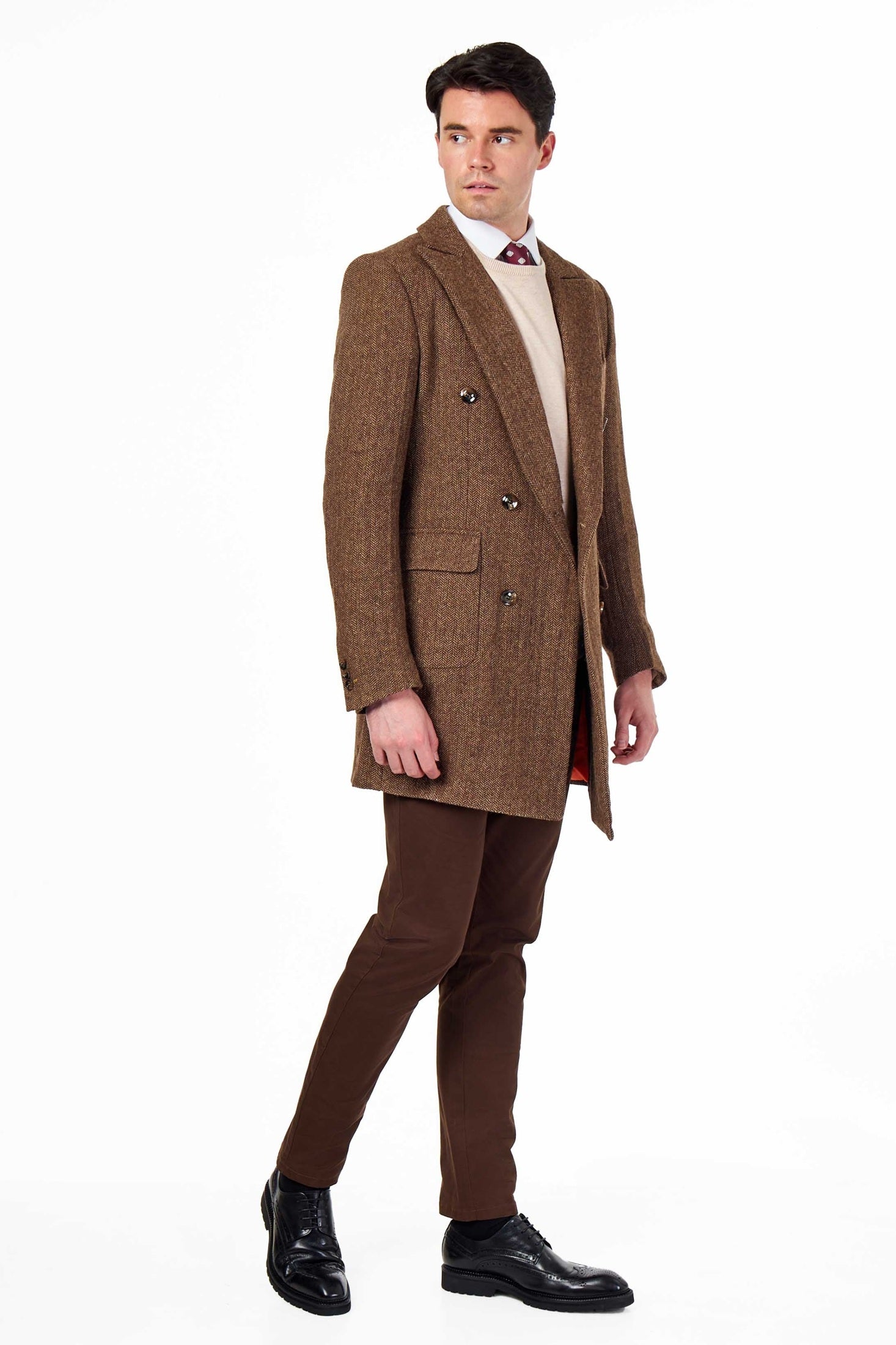 KEPLER – Brown Double Breasted Wool Rich Herringbone Coat