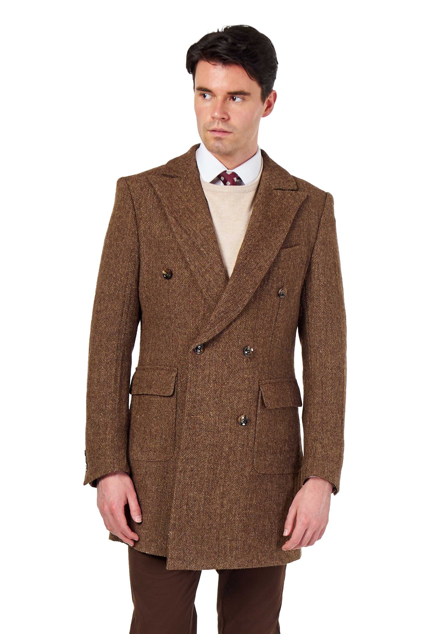 KEPLER – Brown Double Breasted Wool Rich Herringbone Coat