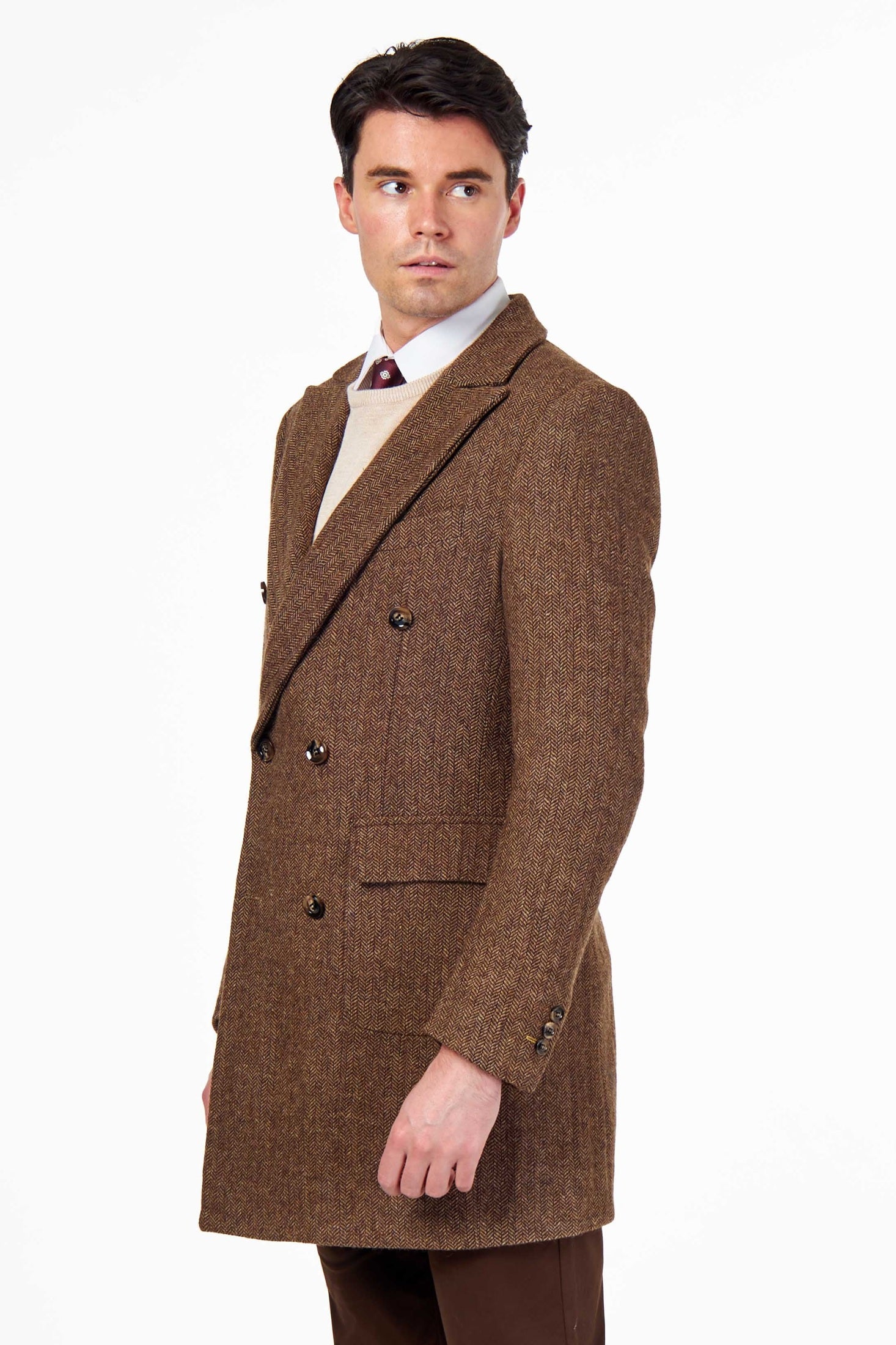 KEPLER – Brown Double Breasted Wool Rich Herringbone Coat