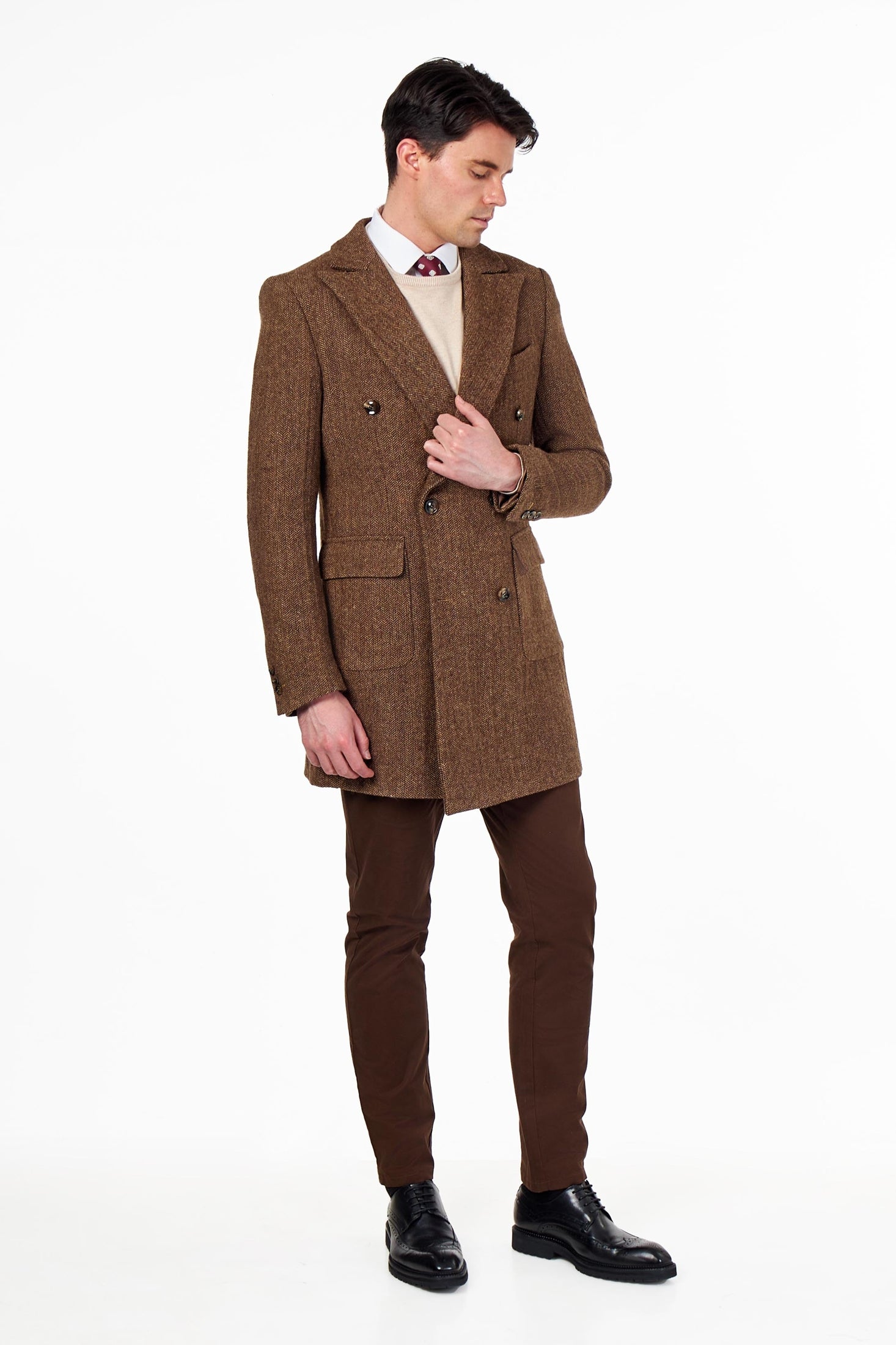 KEPLER – Brown Double Breasted Wool Rich Herringbone Coat