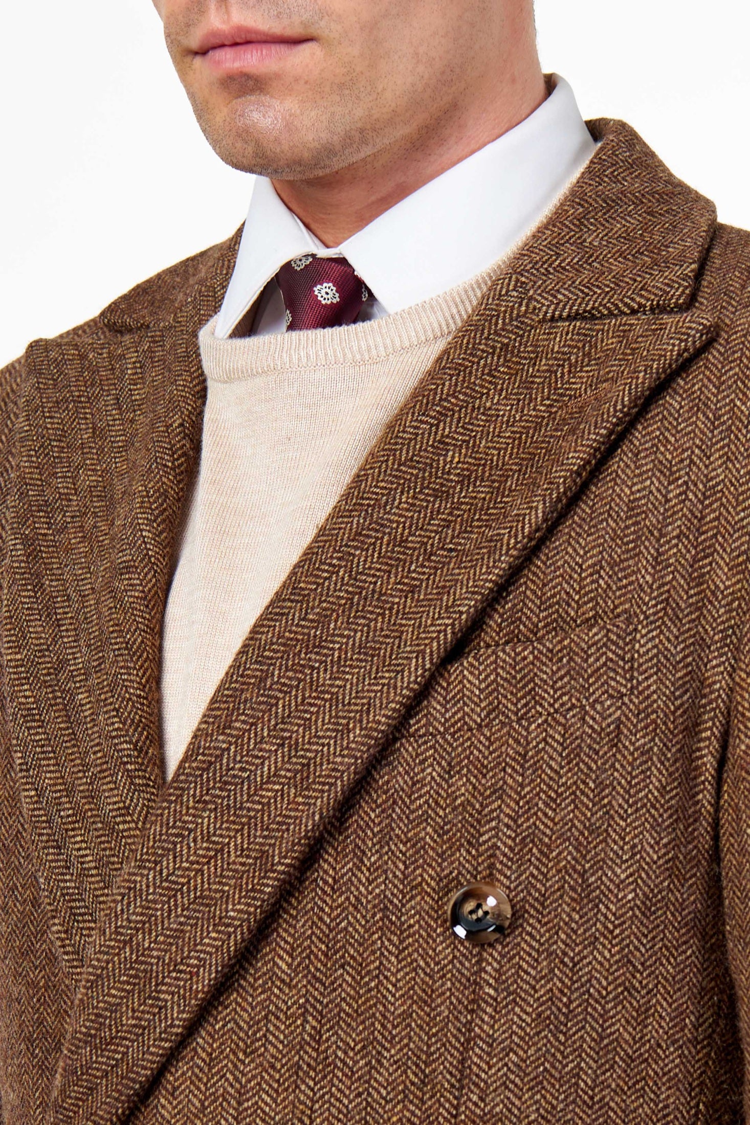KEPLER – Brown Double Breasted Wool Rich Herringbone Coat