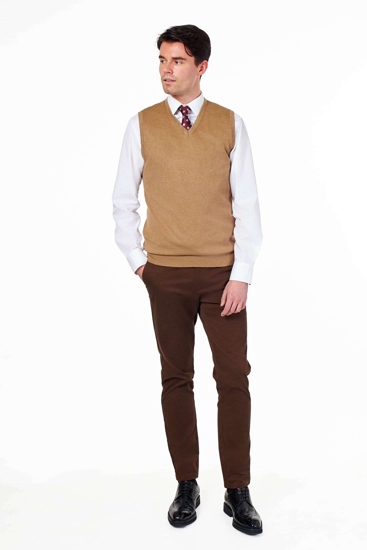 KNITTED COTTON CAMEL SLEEVELESS JUMPER V-NECK VEST CAVANI