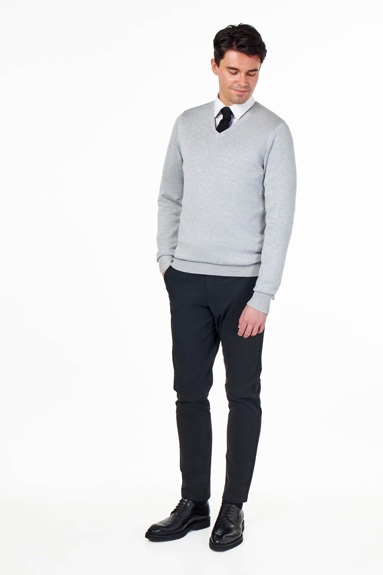 MEN’S COTTON V-NECK LIGHT GREY JUMPER FINE KNIT LIGHTWEIGHT