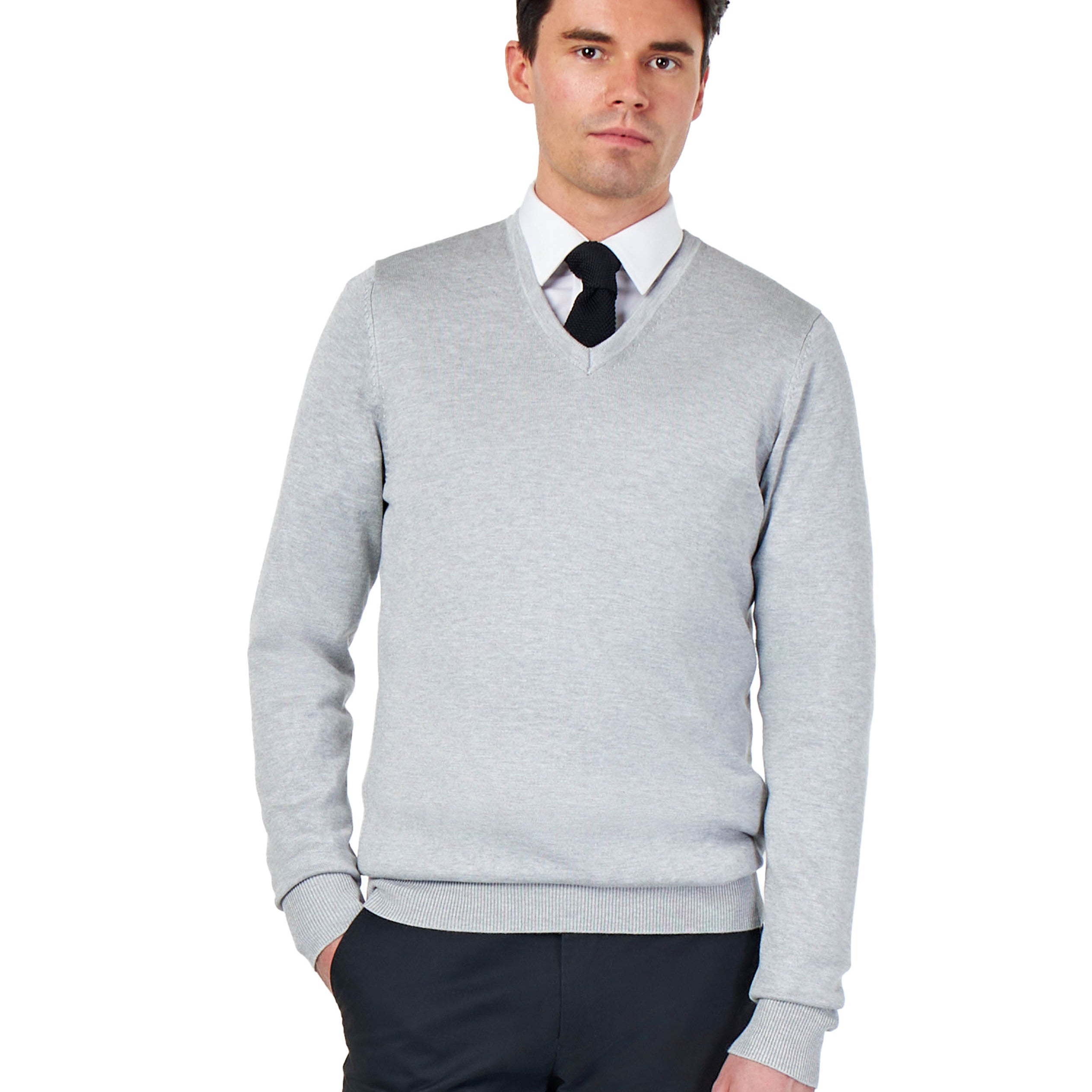 MEN’S COTTON V-NECK LIGHT GREY JUMPER FINE KNIT LIGHTWEIGHT