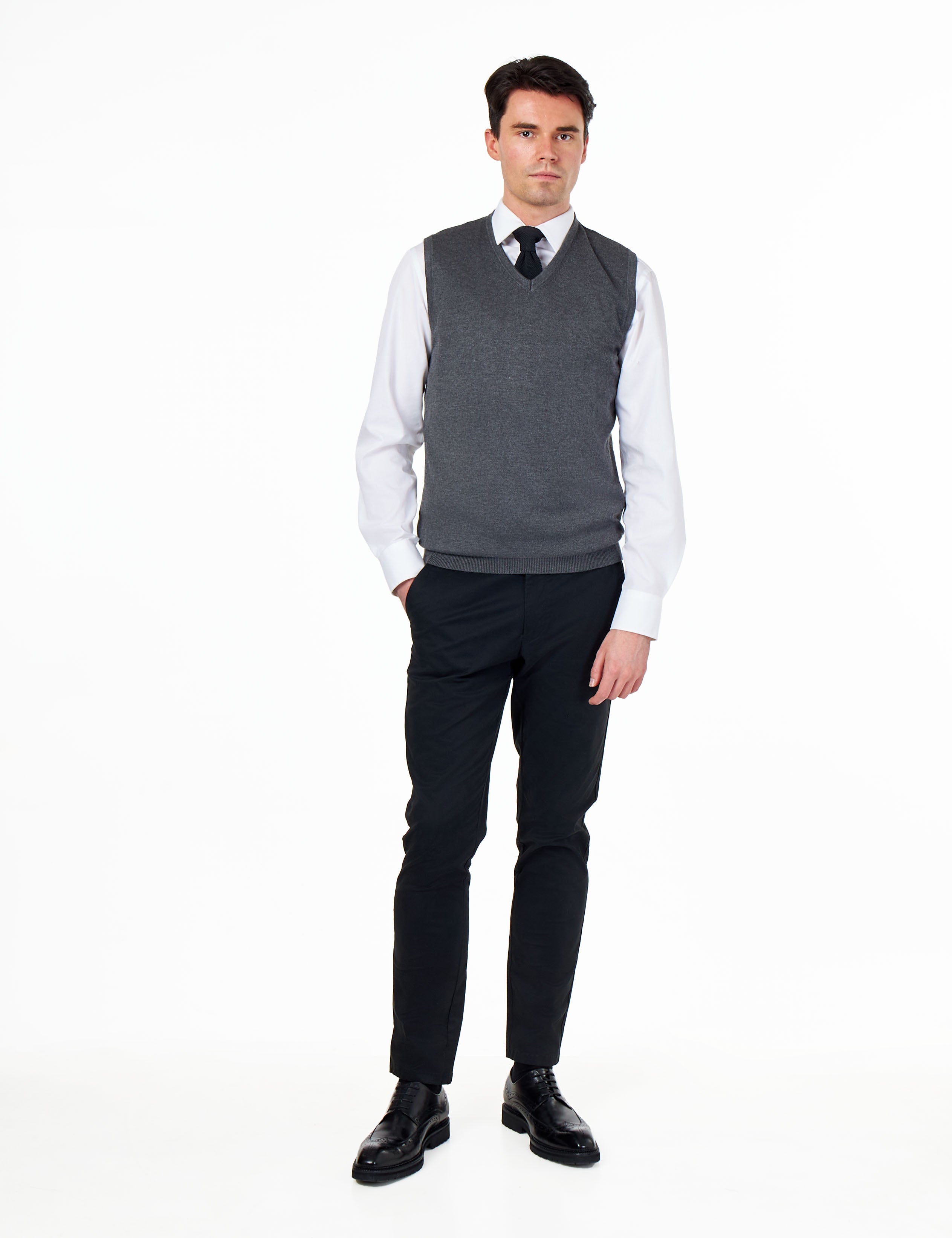 KNITTED COTTON CHARCOAL SLEEVELESS JUMPER V-NECK VEST CAVANI