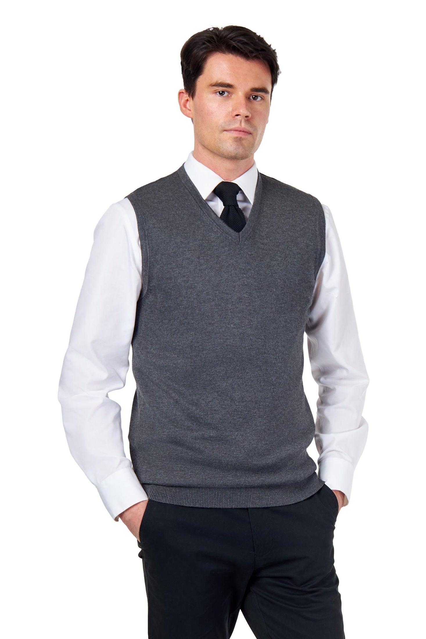 KNITTED COTTON CHARCOAL SLEEVELESS JUMPER V-NECK VEST CAVANI