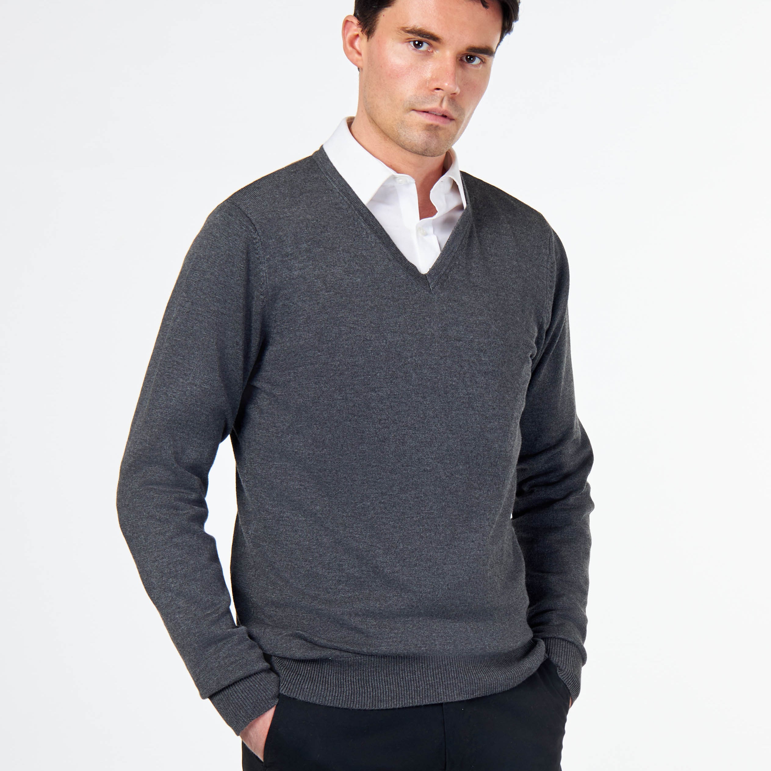 MEN’S COTTON V-NECK CHARCOAL JUMPER FINE KNIT LIGHTWEIGHT