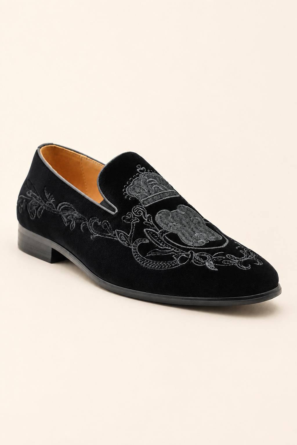 FRED Men’s Black Embroidered Velvet Party Loafers Sartorial Shoes