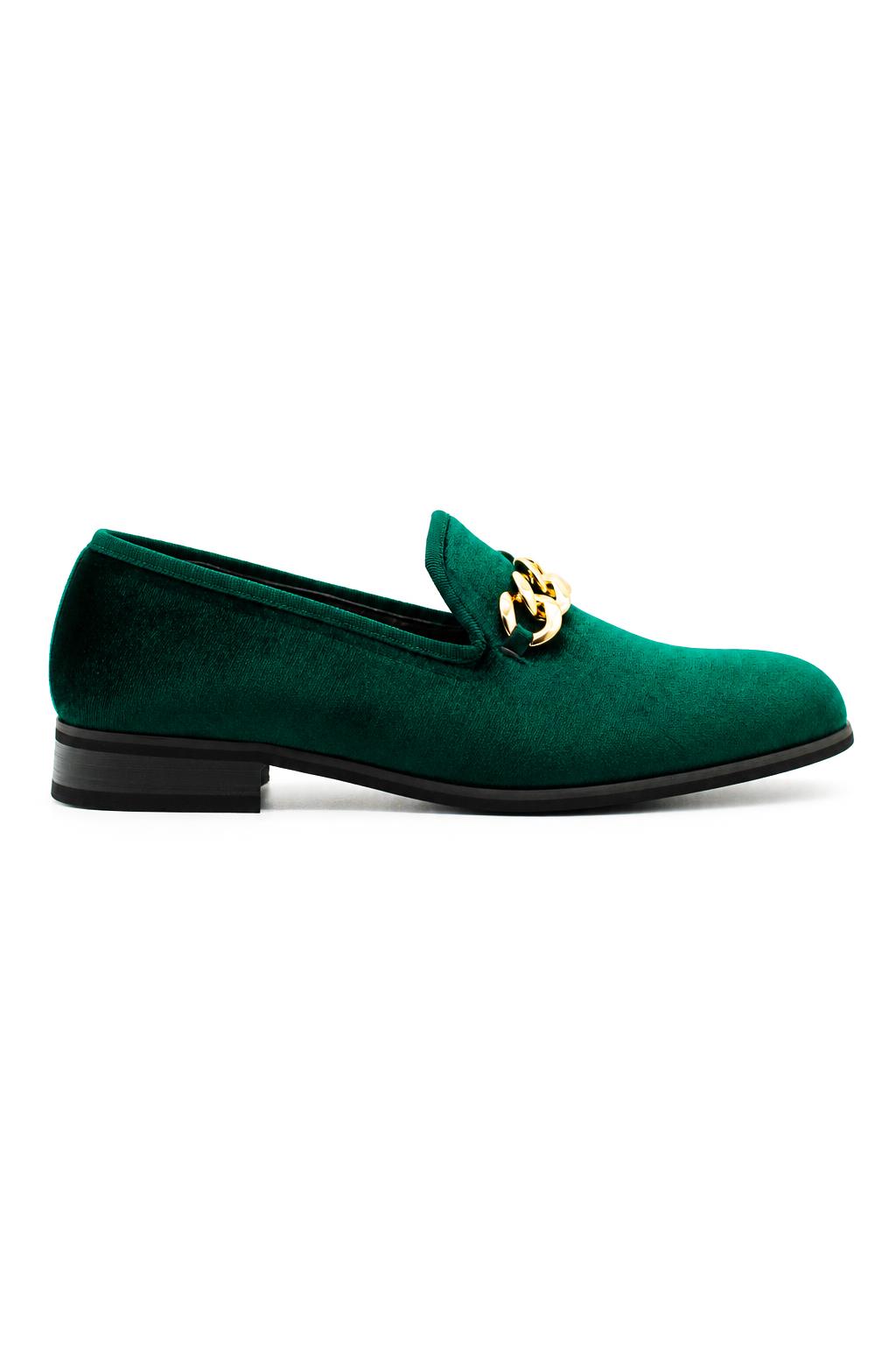 Men's Green Smooth Velvet Gold Chain Dress Loafers Sartorial Shoes
