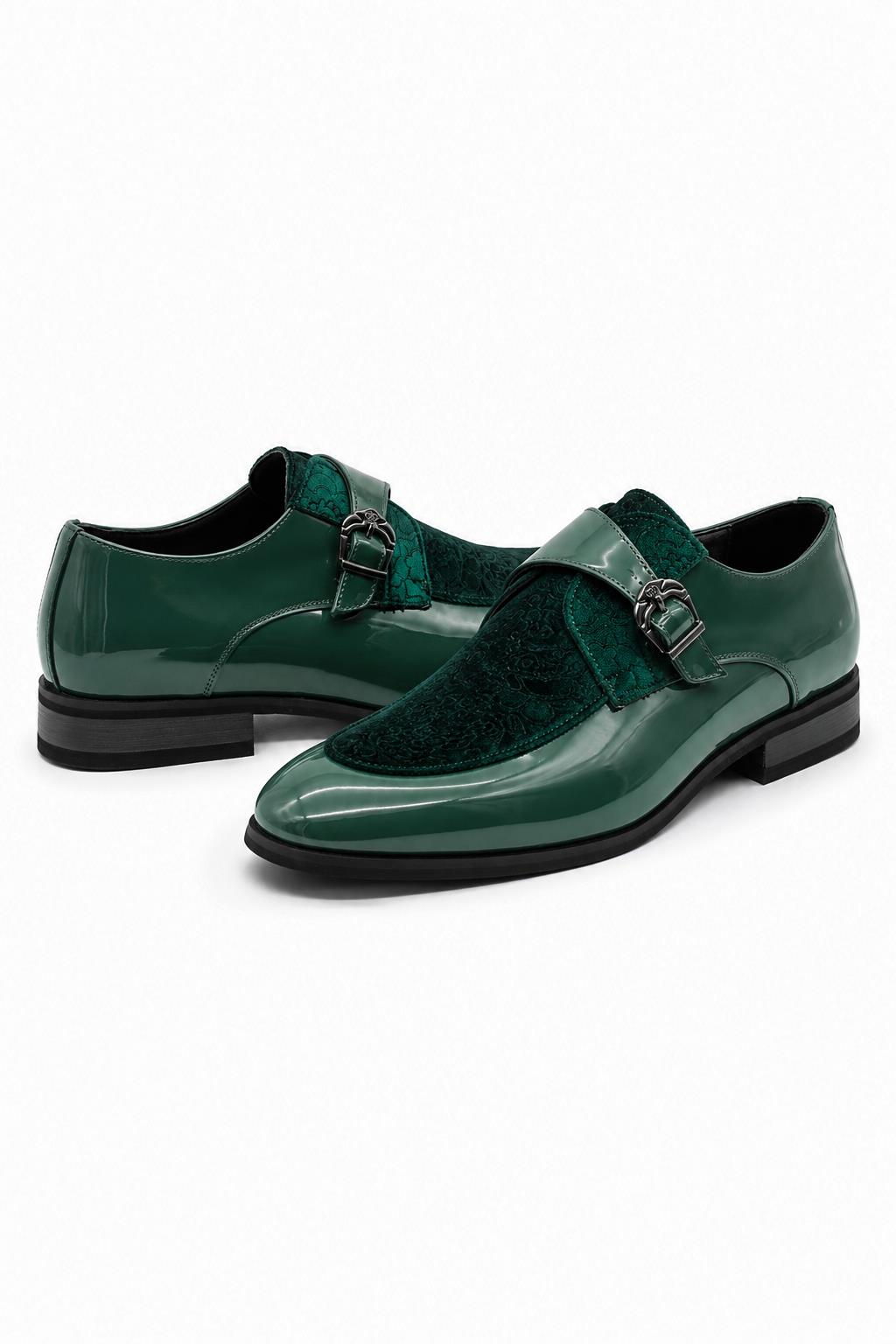 Men's Green Floral Velvet Monk Strap Dress Shoes