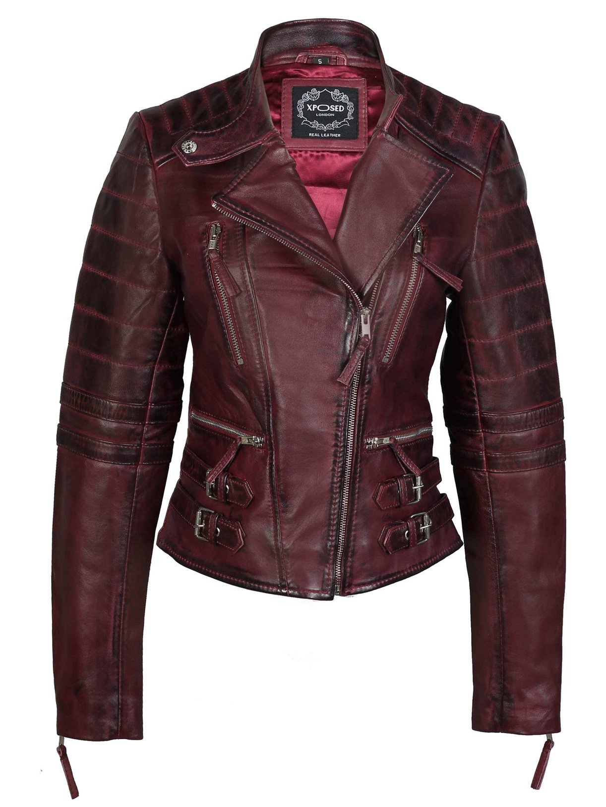 Ladies Real Leather Biker Jacket Slim Fit in Wine