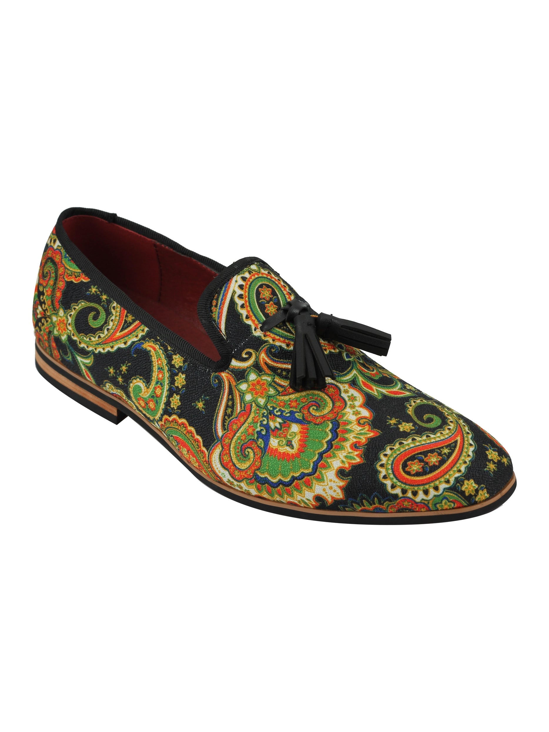 MENS LEATHER TASSEL LOAFER VINTAGE DESIGNER STYLE PAISLEY PRINT SHOES BLACK BLUE