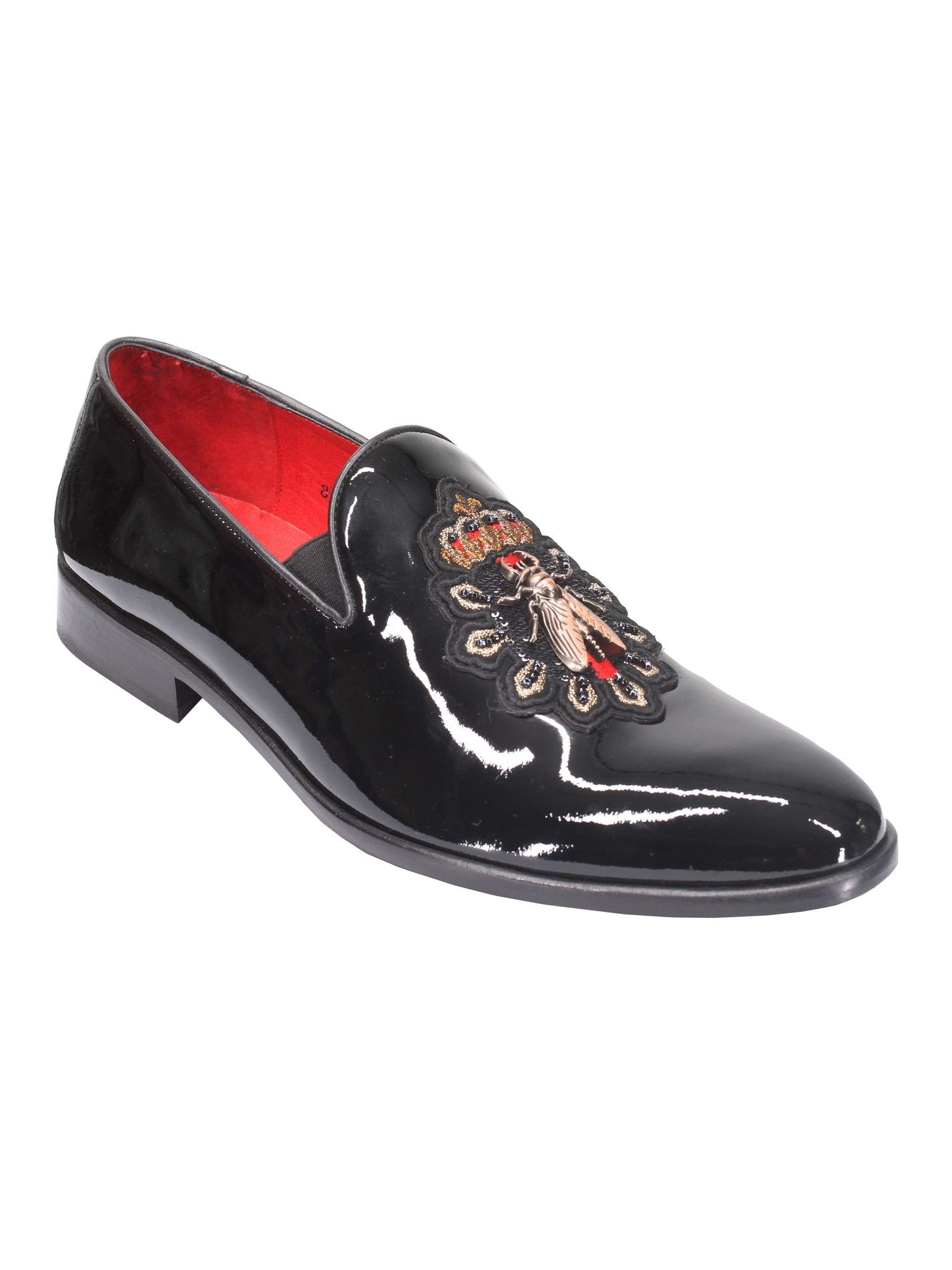 Mens Black Patent Loafers Embroidery Crown & Bee Baroque Real Leather Sole Shoes