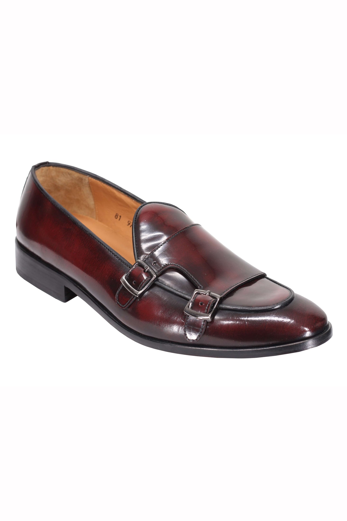 MAROON CALF LEATHER POLISHED DOUBLE MONK SHOES