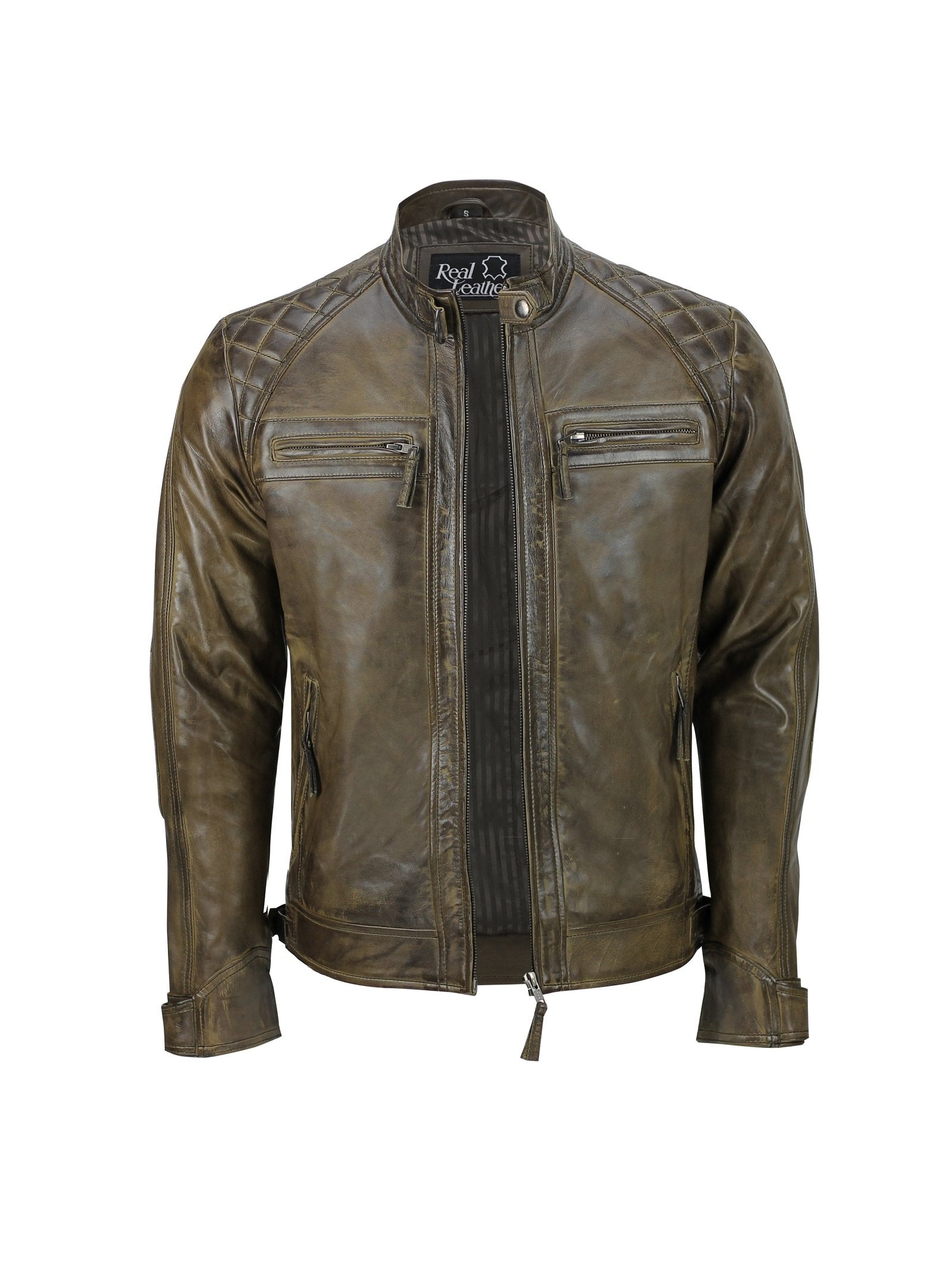 Mens Real Soft Leather Antique Brown Vintage Zipped Smart Casual Biker Jacket