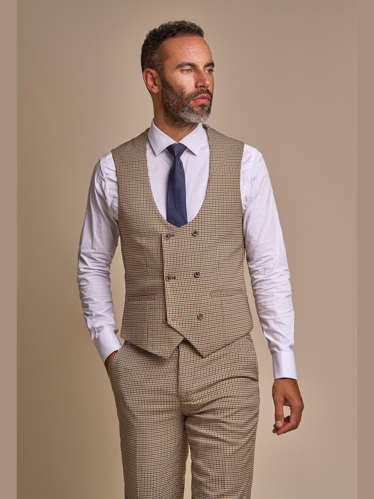 MENS ELWOOD HOUNDSTOOTH TAN THREE PIECE SUIT CAVANI