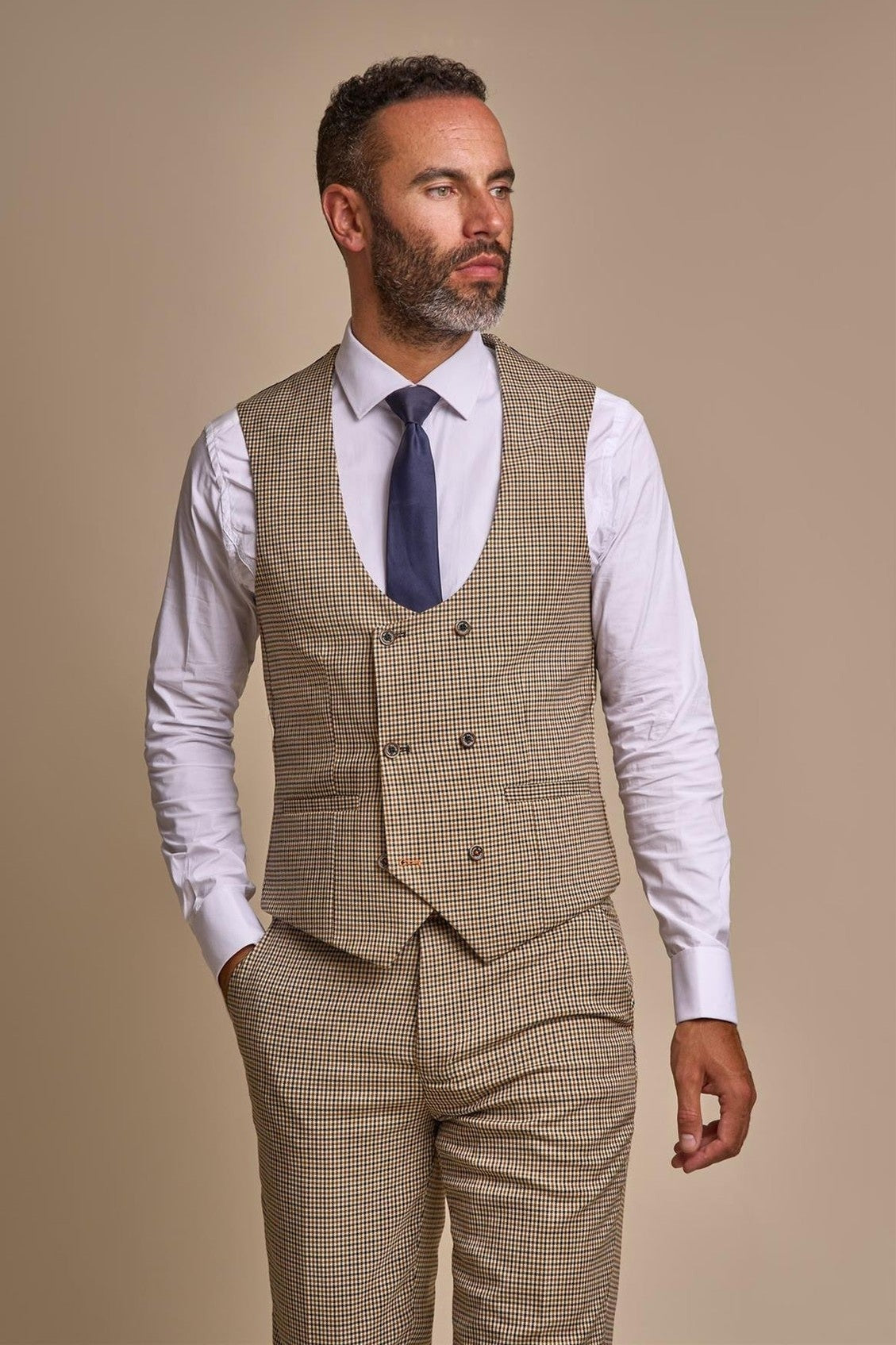 MENS ELWOOD HOUNDSTOOTH TAN THREE PIECE SUIT CAVANI