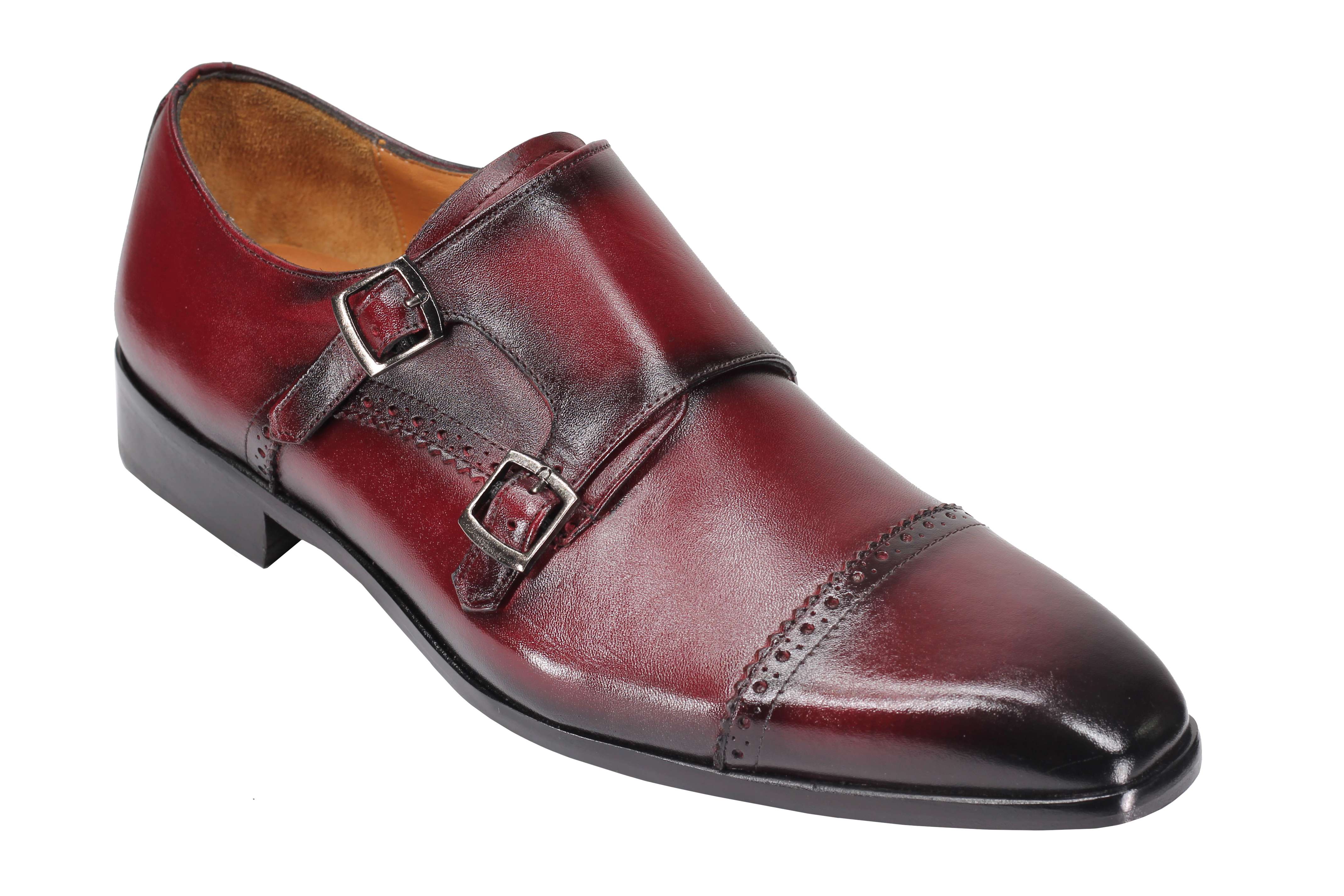MAROON CALF LEATHER SEMI BROGUE MONK SHOES